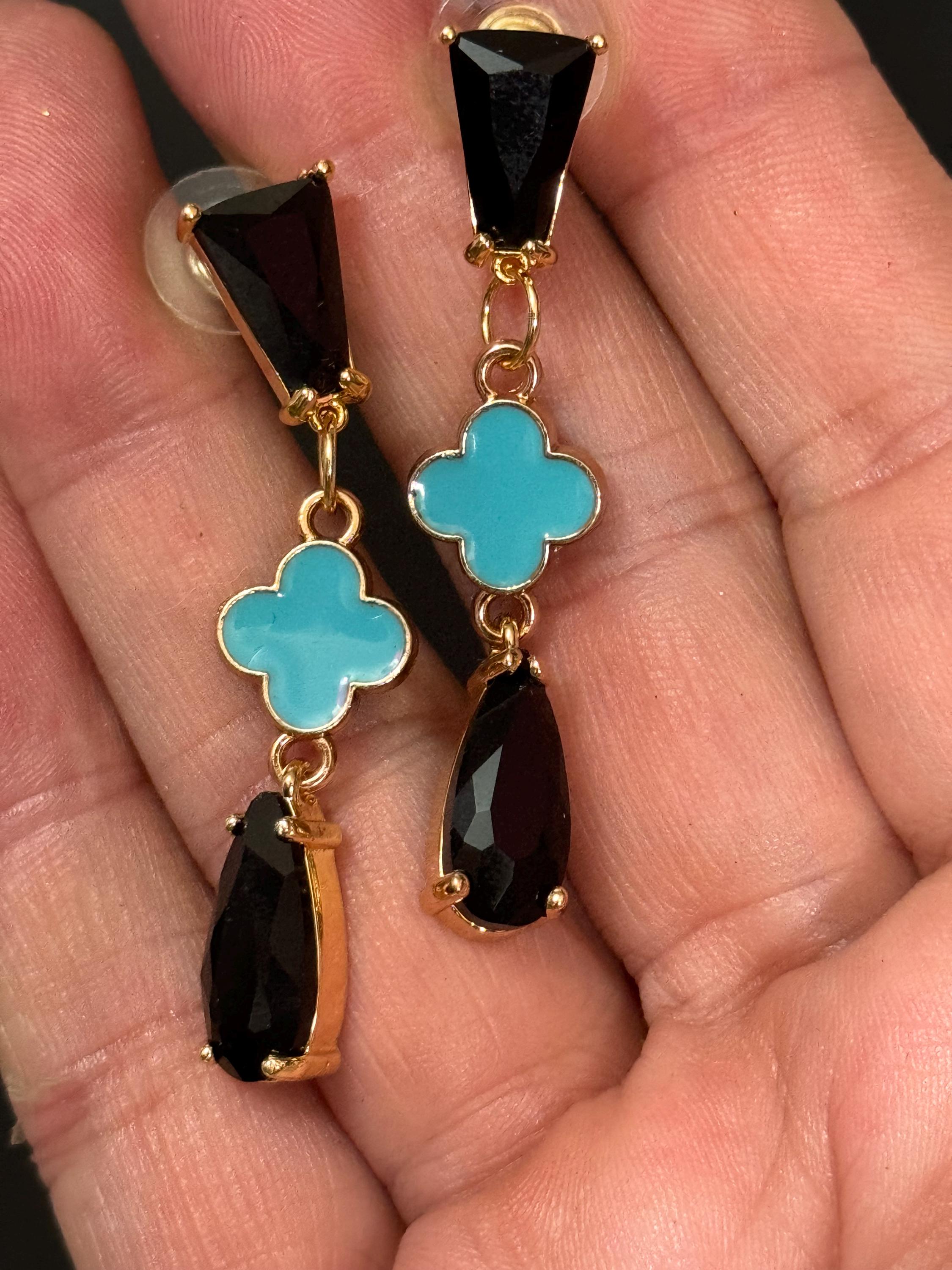 18k Gold plated black glass crystal turquoise clover teardrop earrings