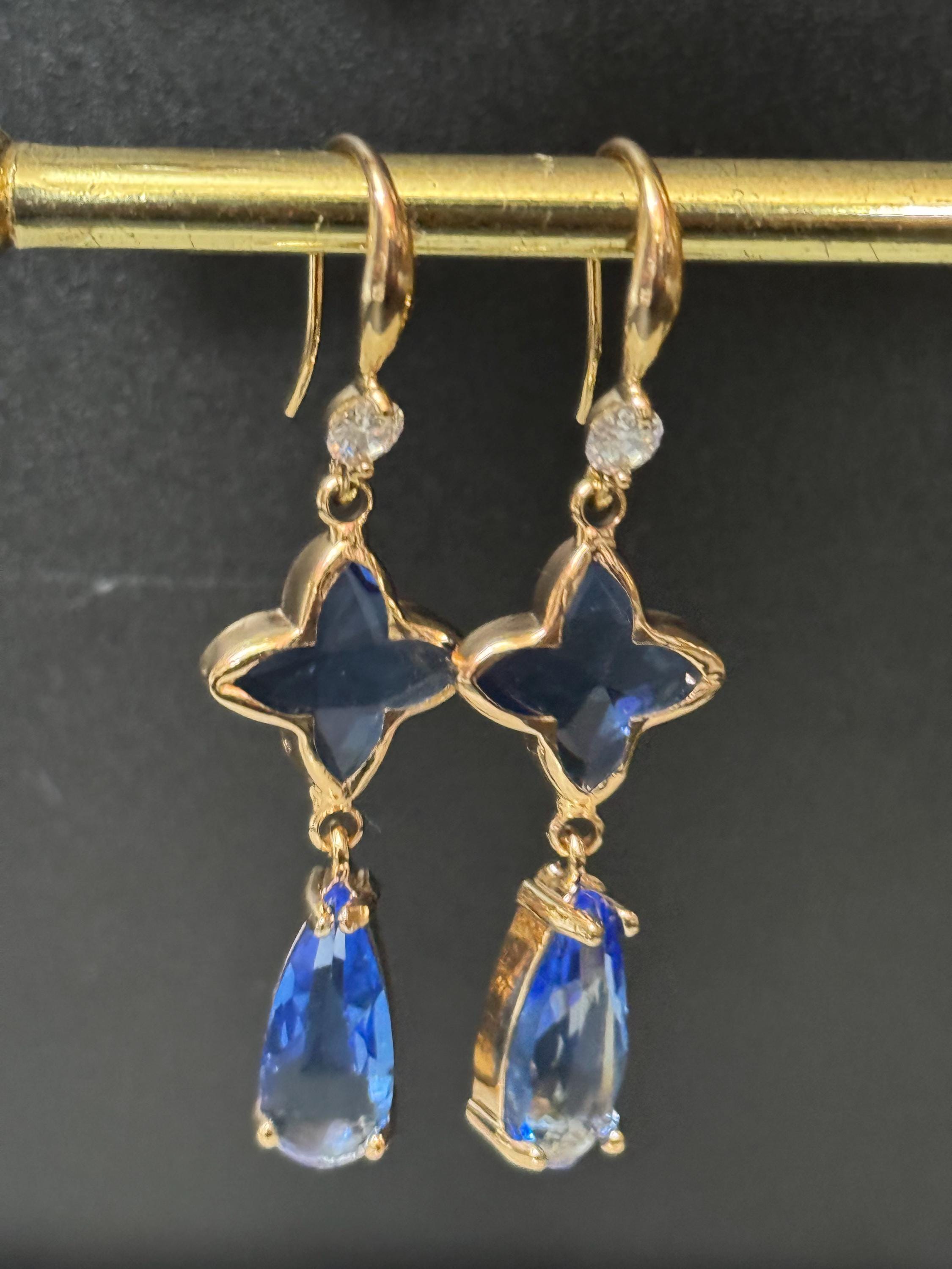18k Gold plated Sapphire blue and clear crystal glass clear teardrop earrings