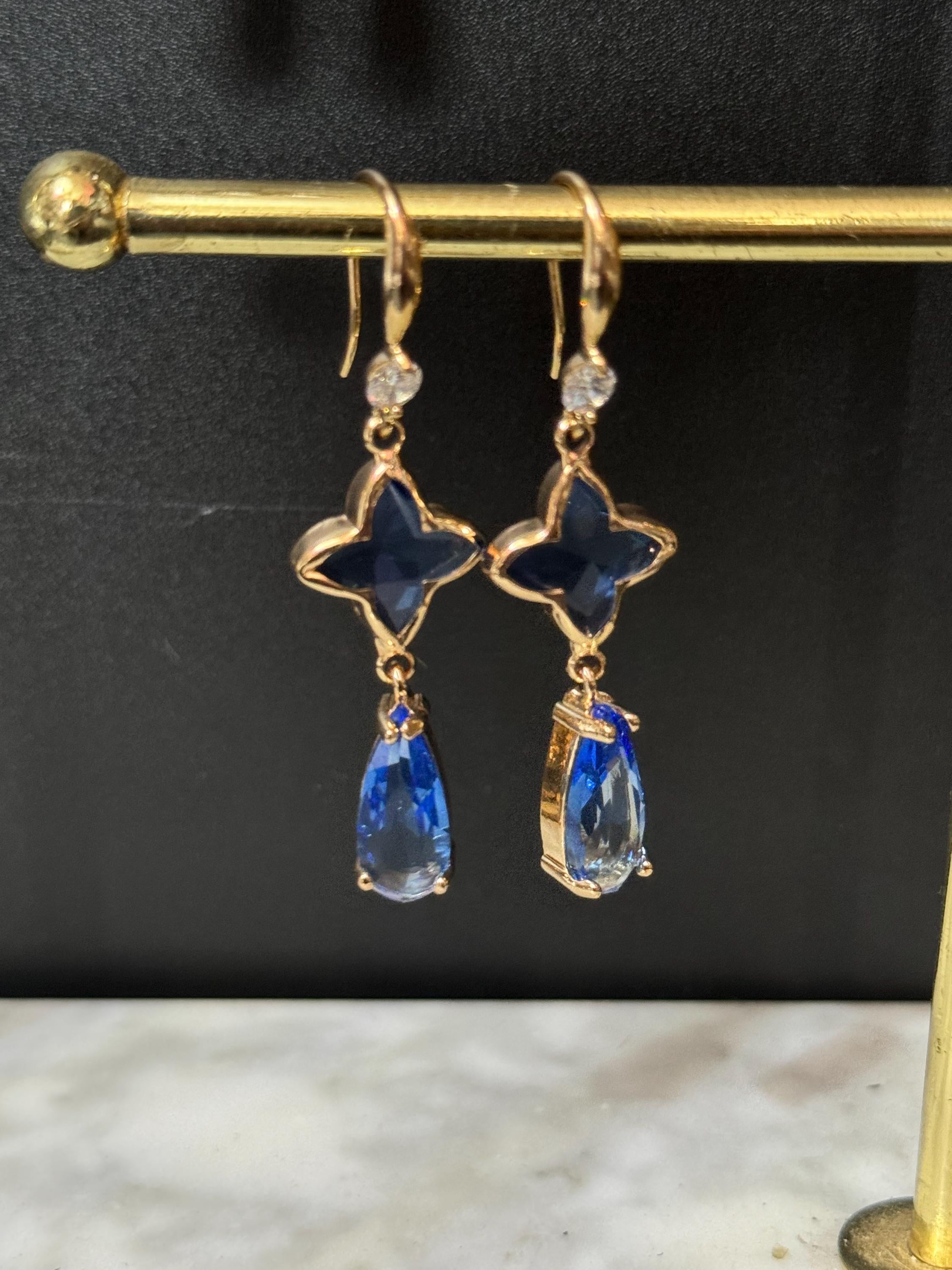 18k Gold plated Sapphire blue and clear crystal glass clear teardrop earrings