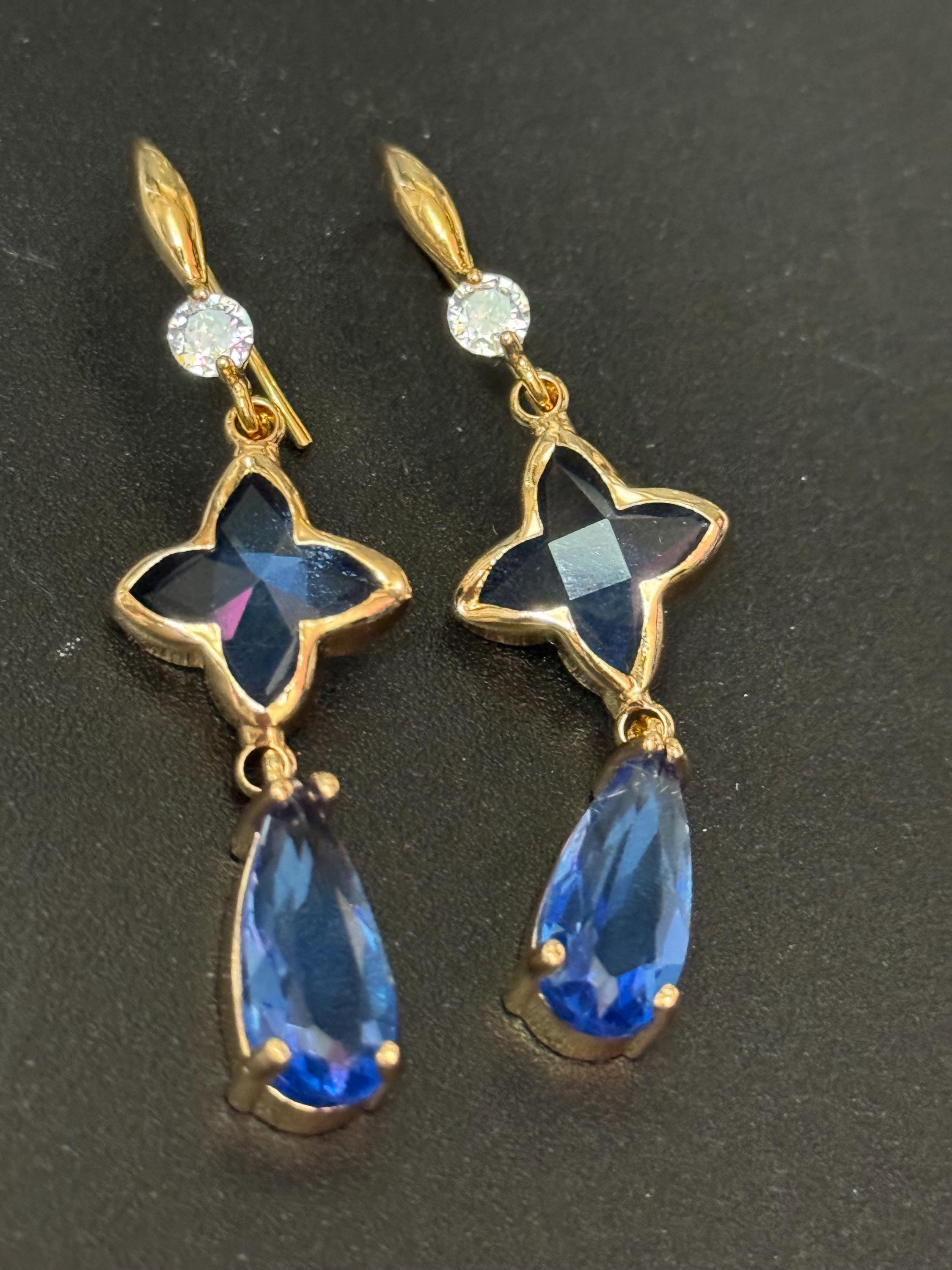 18k Gold plated Sapphire blue and clear crystal glass clear teardrop earrings