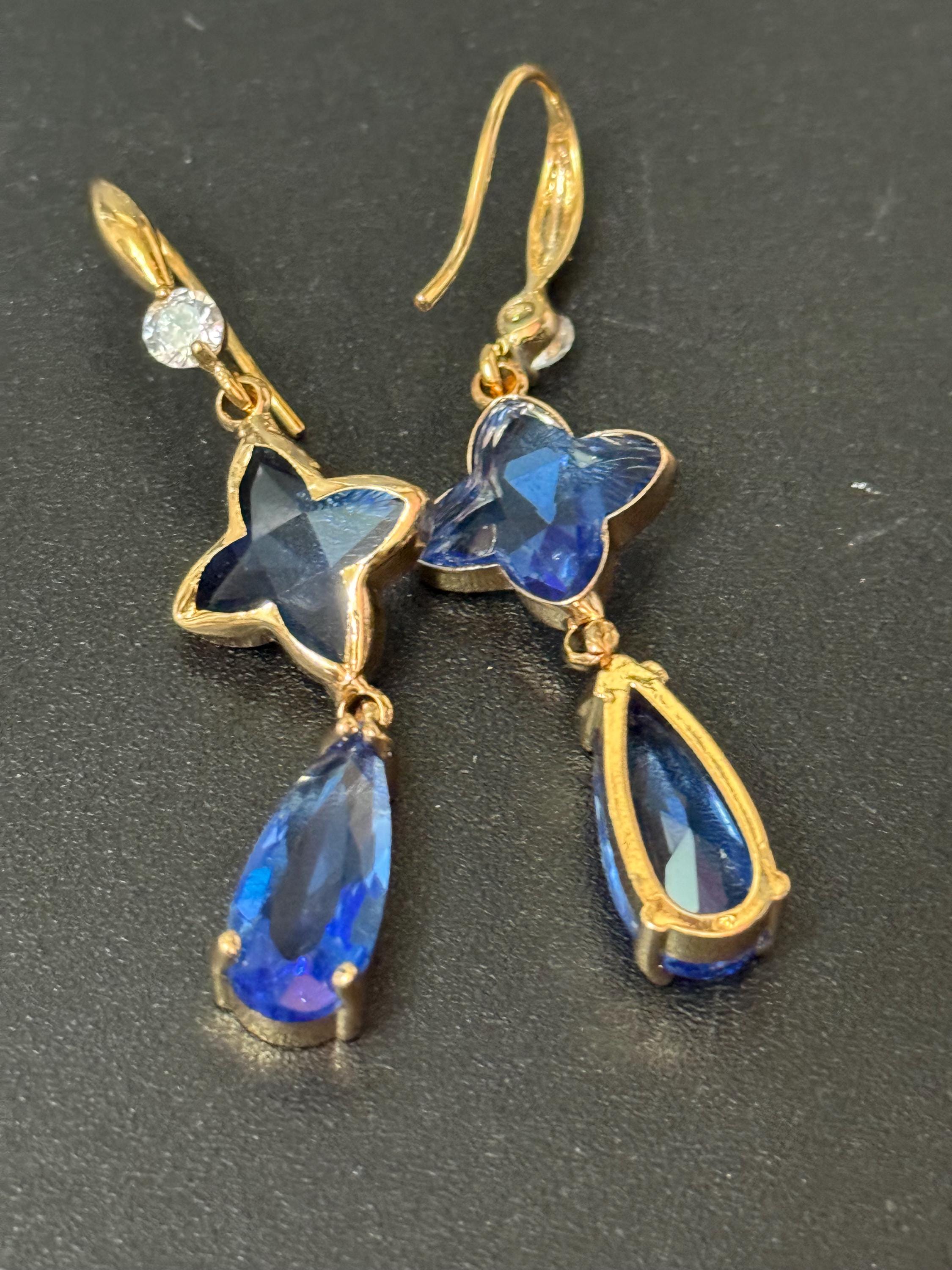 18k Gold plated Sapphire blue and clear crystal glass clear teardrop earrings