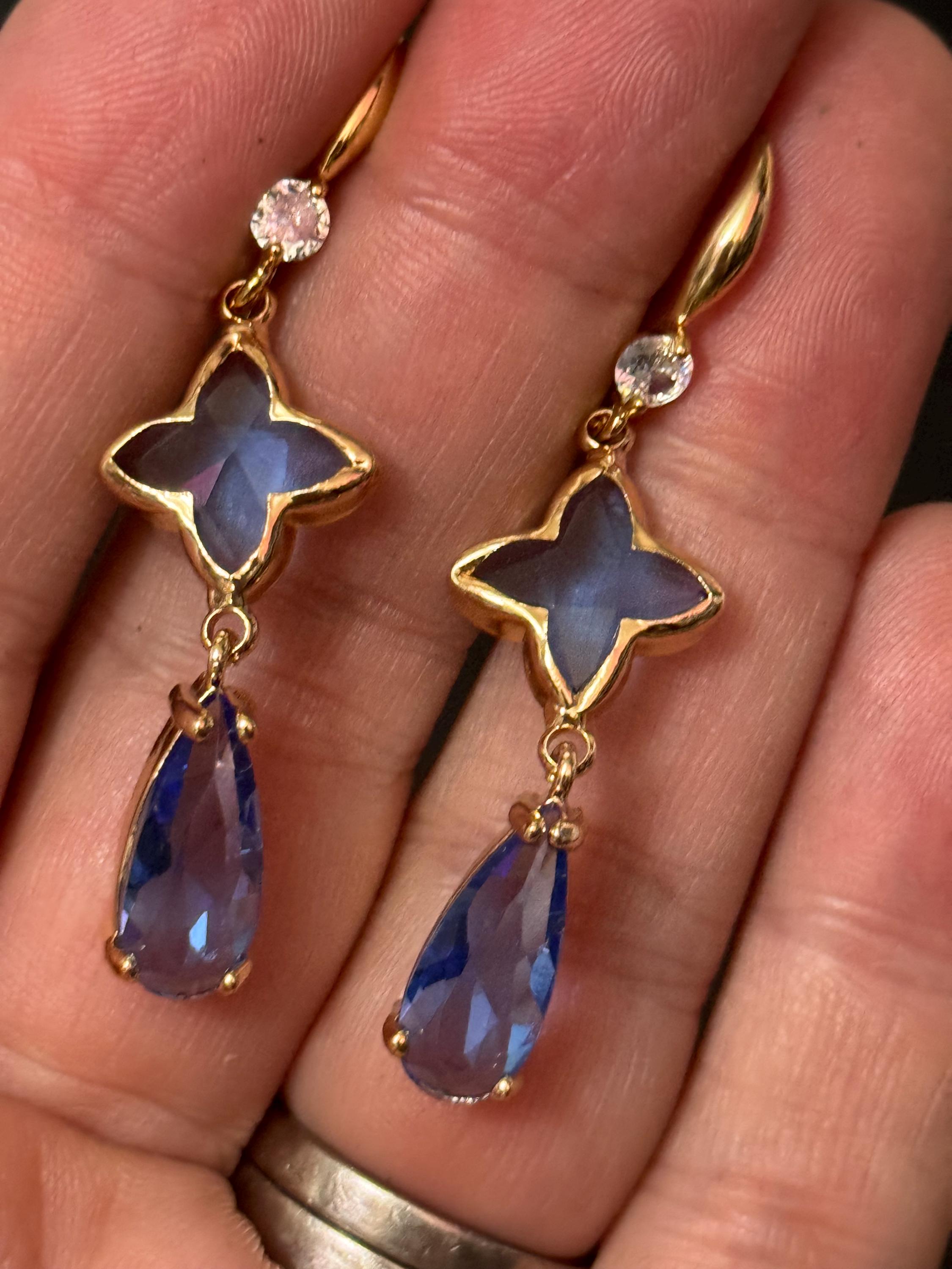 18k Gold plated Sapphire blue and clear crystal glass clear teardrop earrings