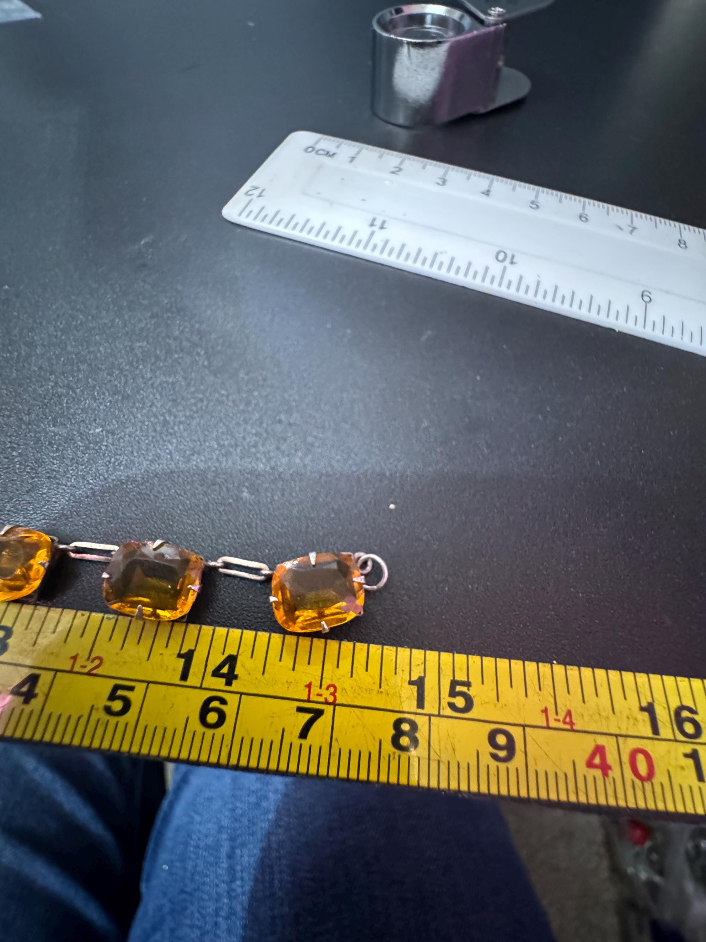 Petite fit neck Vintage citrine orange Glass open back crystal collar riviere Necklace 37.5cm