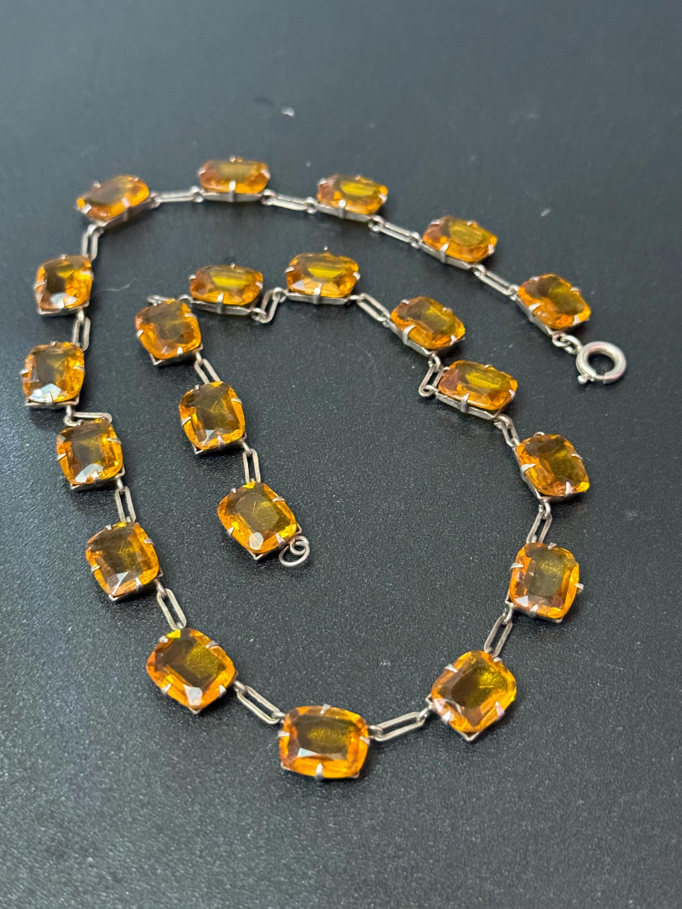 Petite fit neck Vintage citrine orange Glass open back crystal collar riviere Necklace 37.5cm