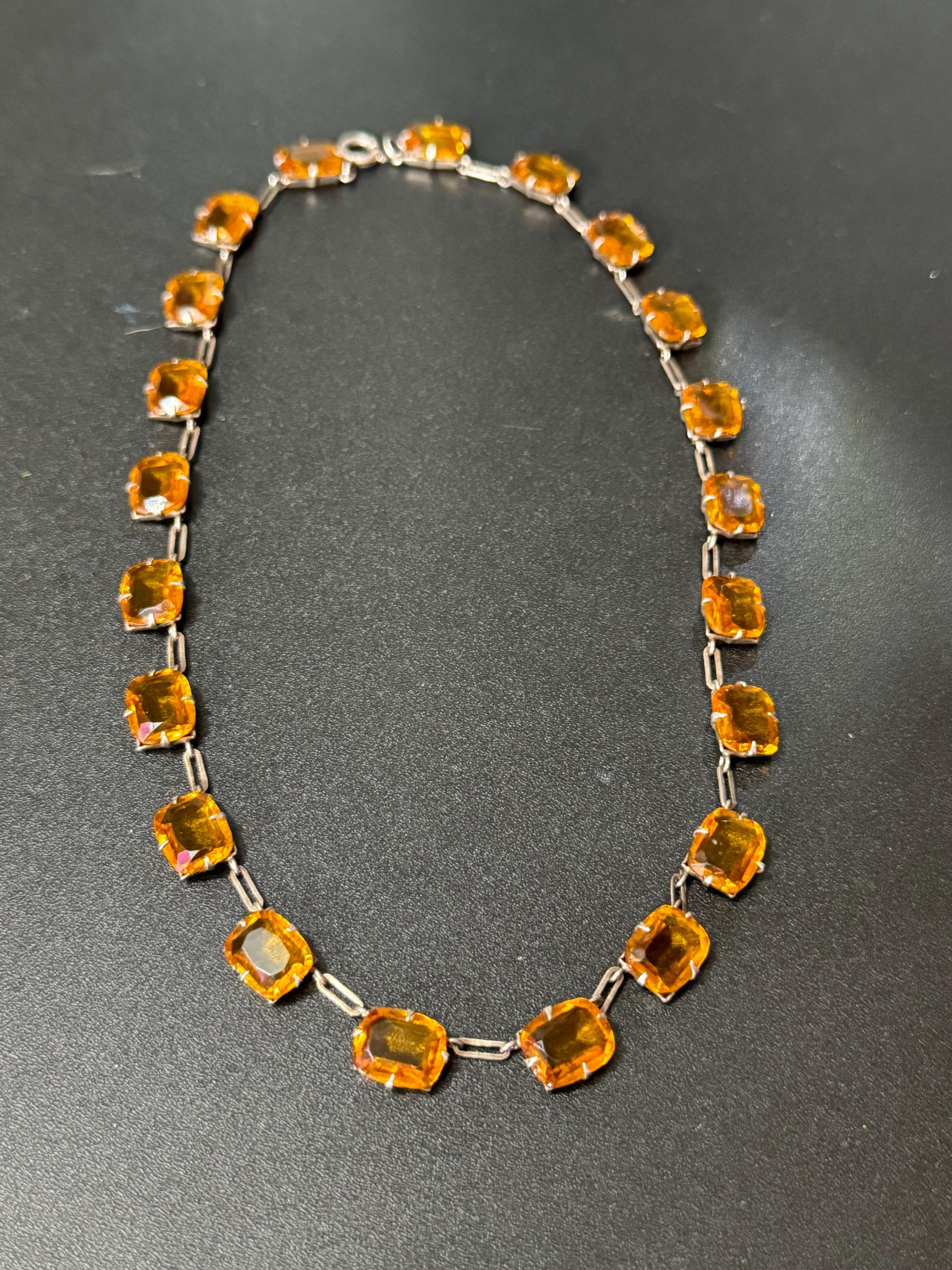 Petite fit neck Vintage citrine orange Glass open back crystal collar riviere Necklace 37.5cm