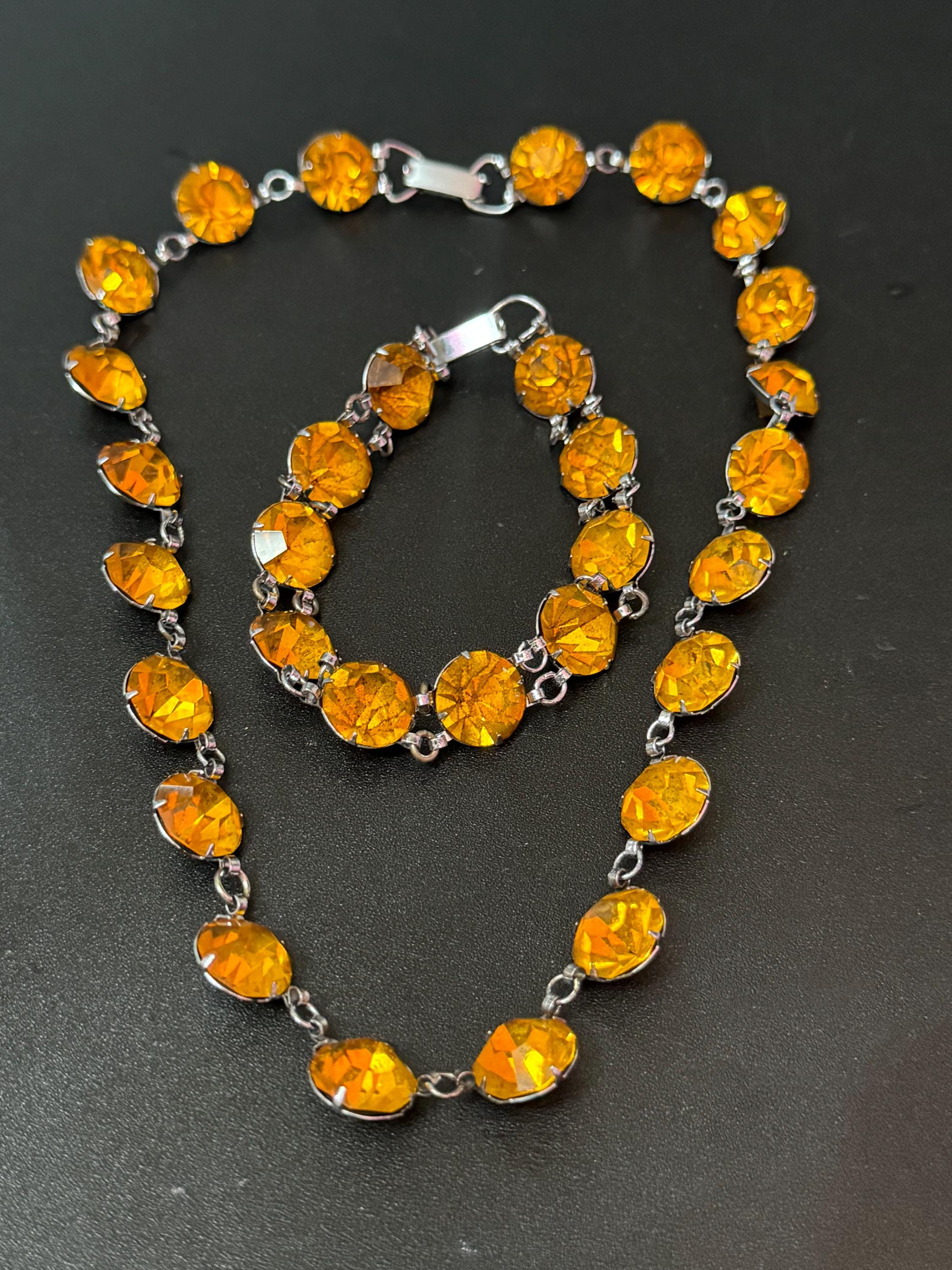Petite fit neck 35.5cm Vintage citrine orange Glass silver tone open back crystal Necklace and matching bracelet set