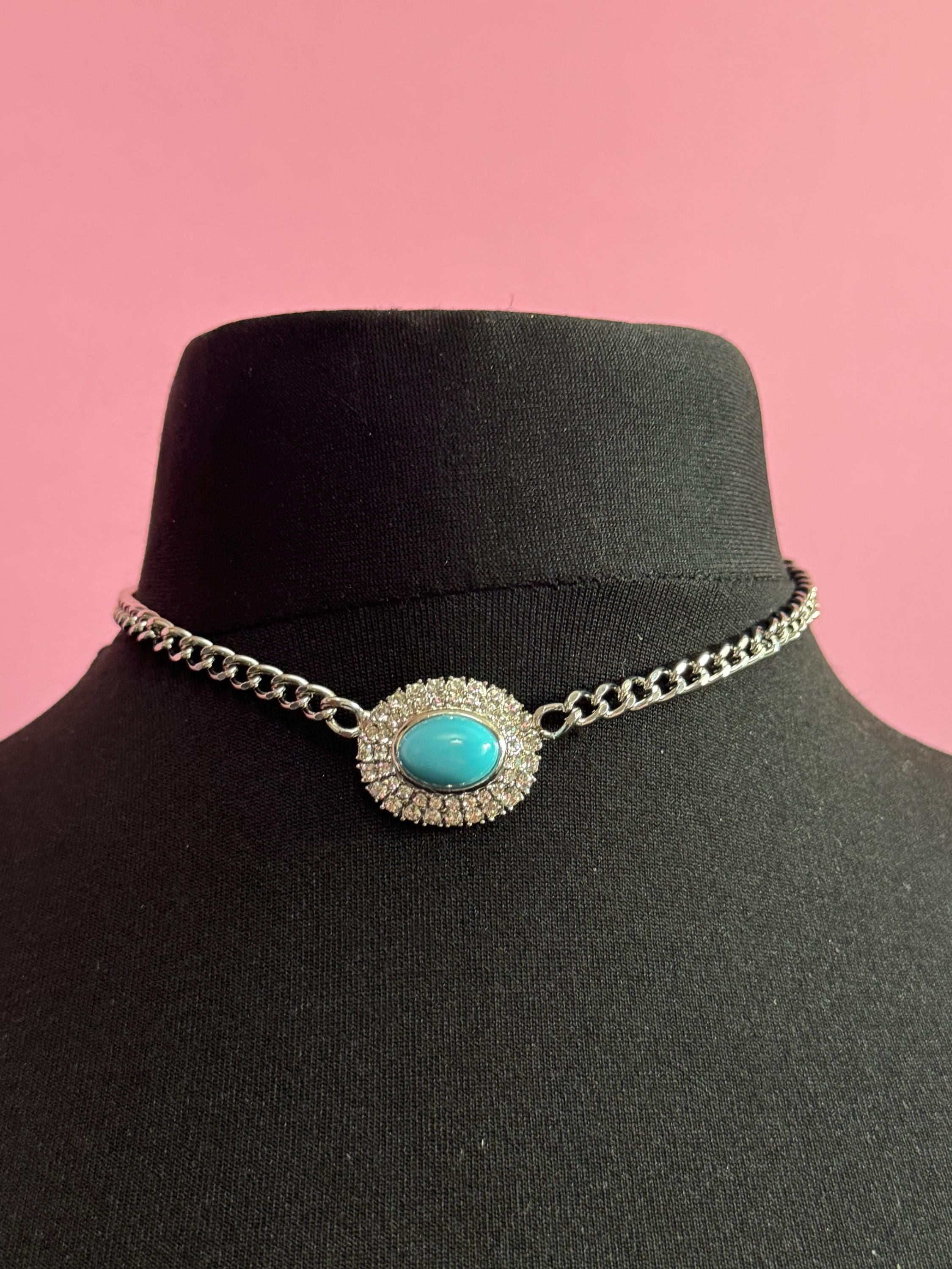 Vintage 1980s silver tone diamanté crystal choker necklace with turquoise glass cabochon 16” 40.5cm