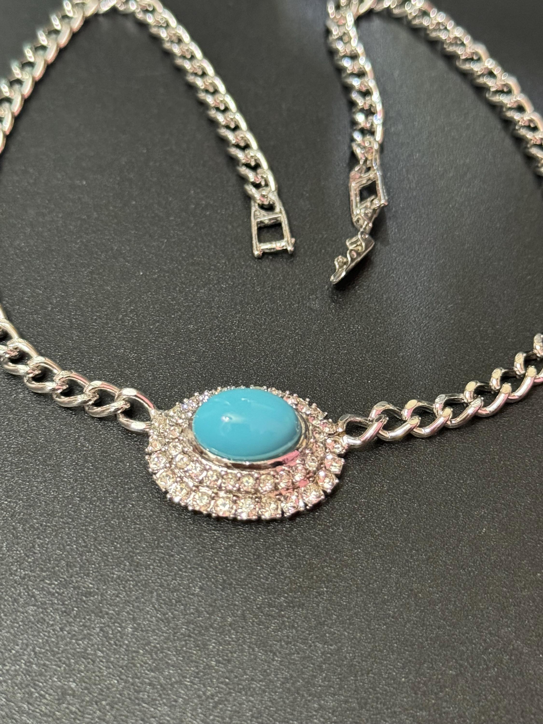 Vintage 1980s silver tone diamanté crystal choker necklace with turquoise glass cabochon 16” 40.5cm