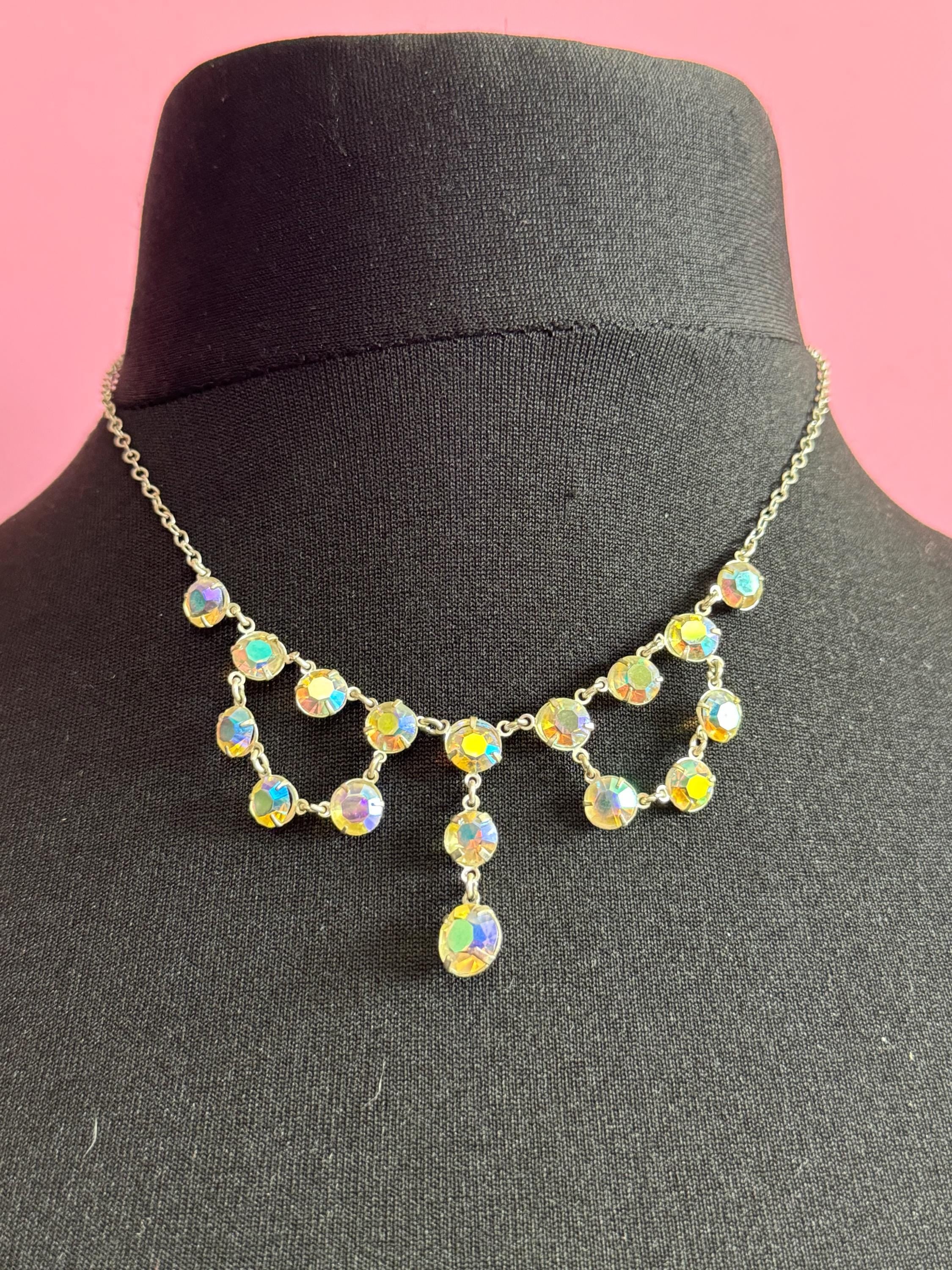 Vintage AB Aurora borealis rainbow glass open back crystal rivière bezel set glass necklace 44cm