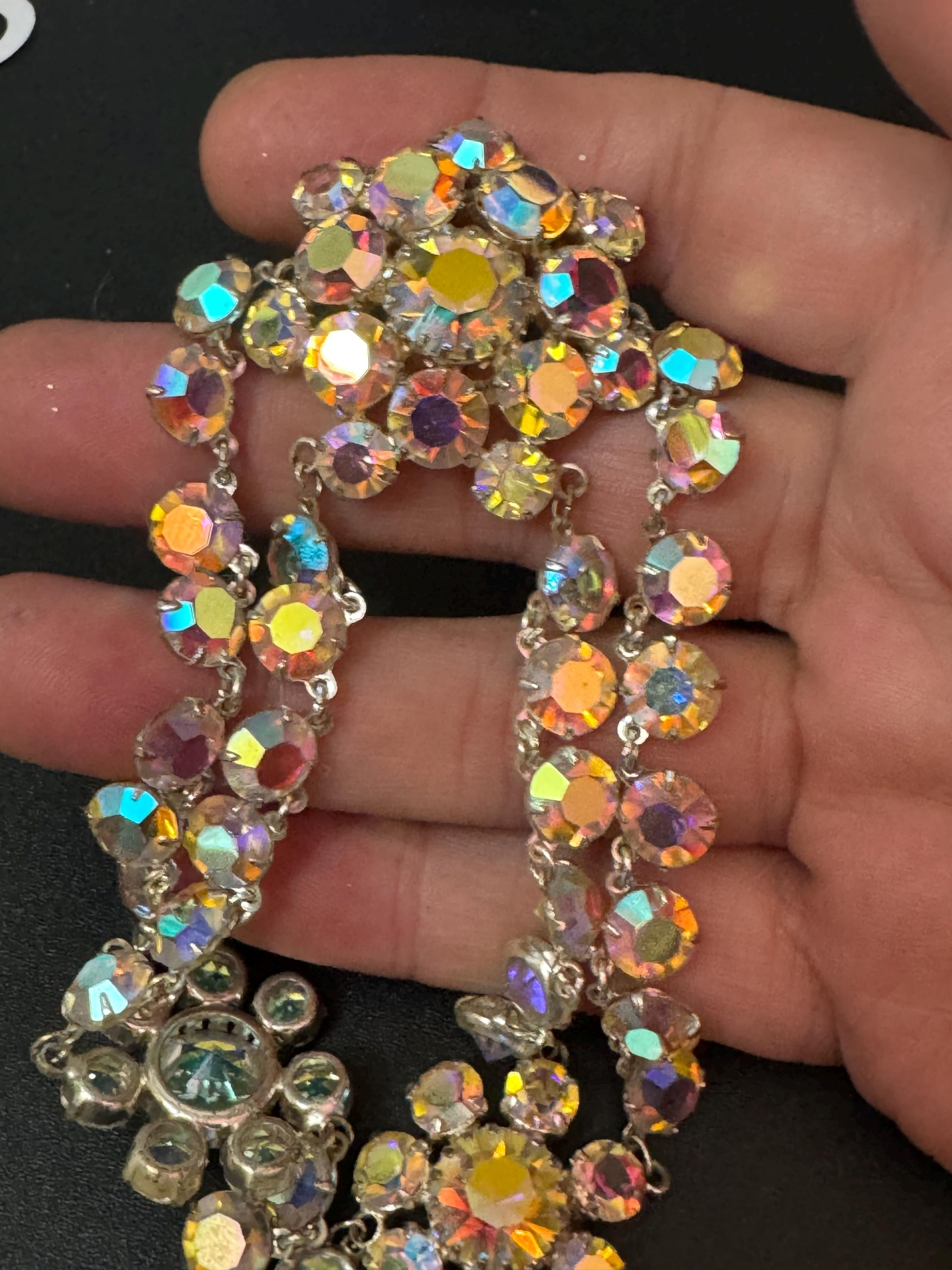 Vintage AB Aurora borealis rainbow glass open back crystal rivière bezel set swag bib  necklace