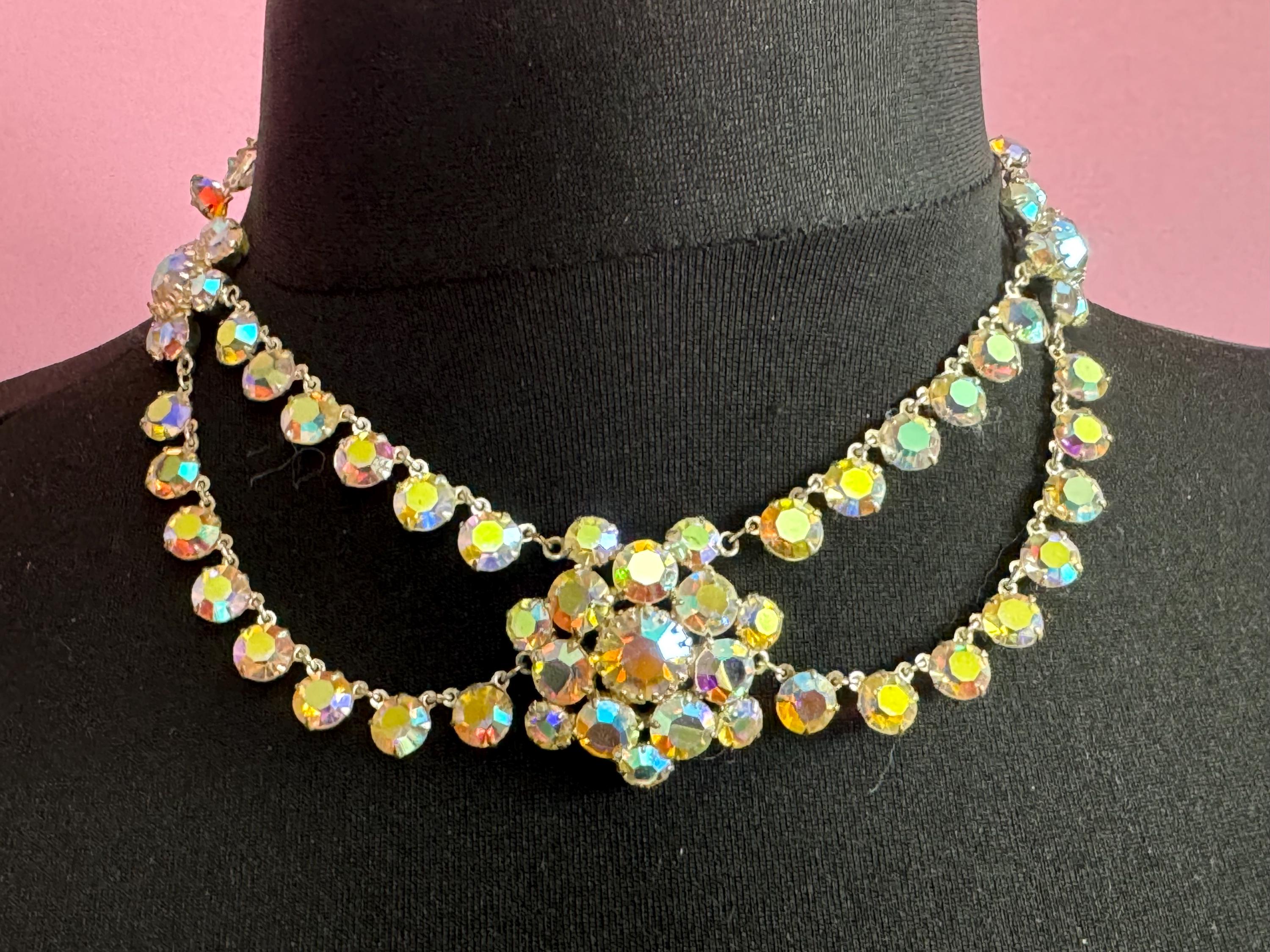 Vintage AB Aurora borealis rainbow glass open back crystal rivière bezel set swag bib  necklace