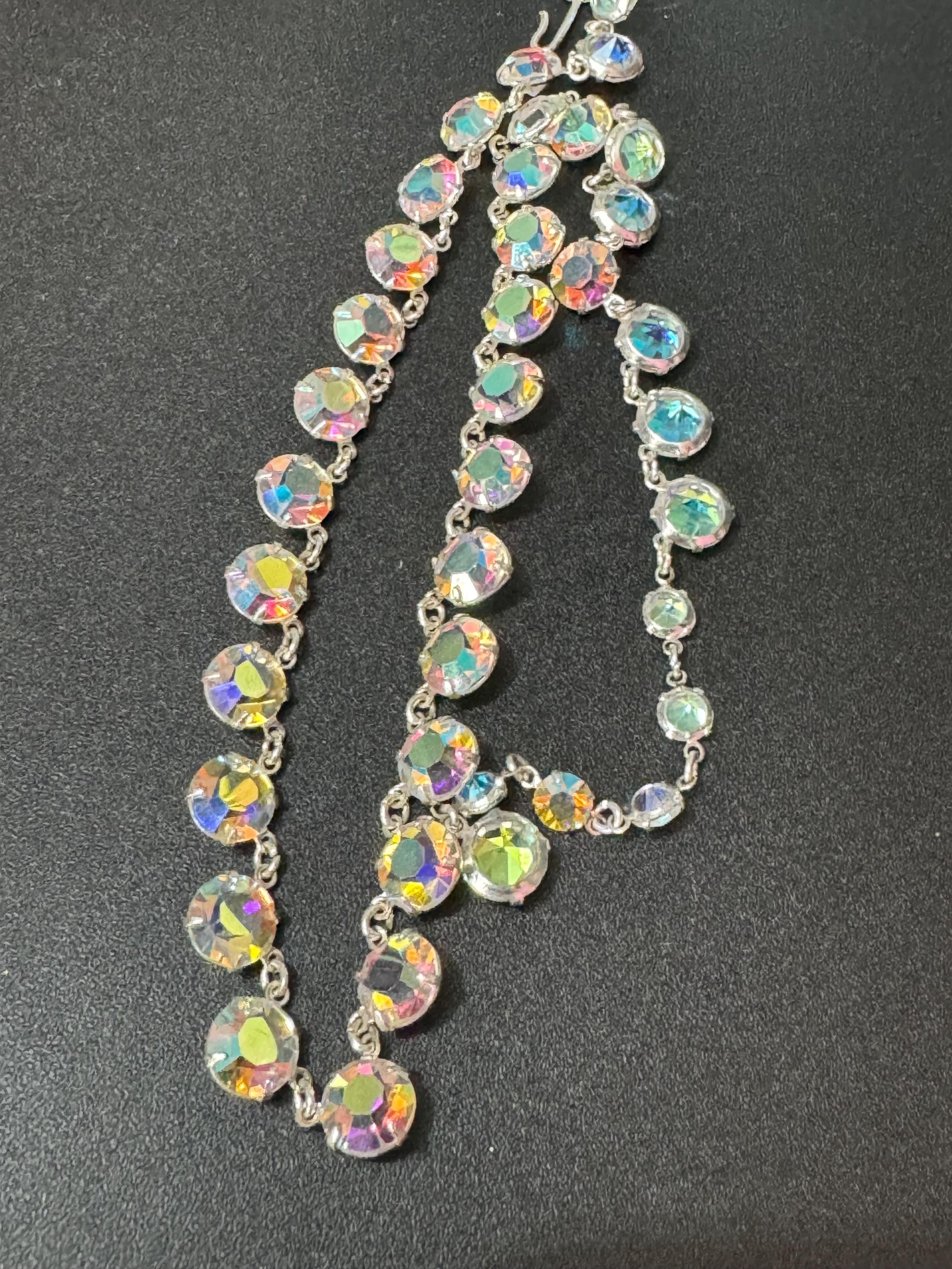 Vintage AB Aurora borealis rainbow glass open back crystal rivière bezel set swag bib  necklace