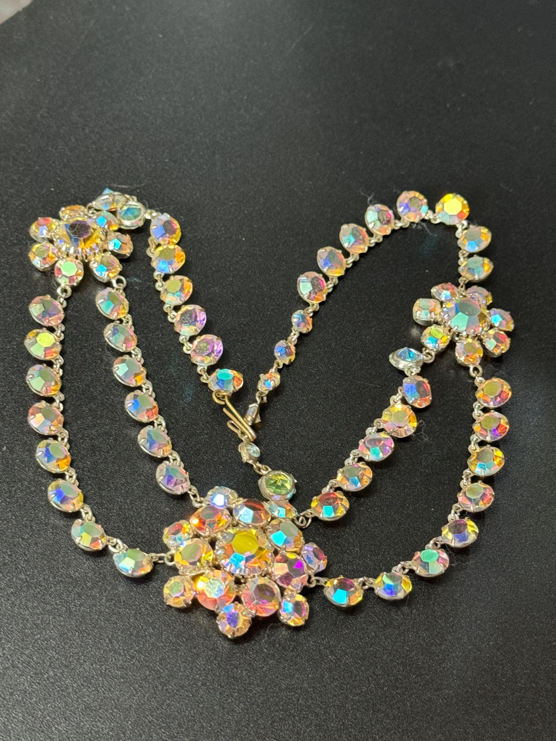 Vintage AB Aurora borealis rainbow glass open back crystal rivière bezel set swag bib  necklace