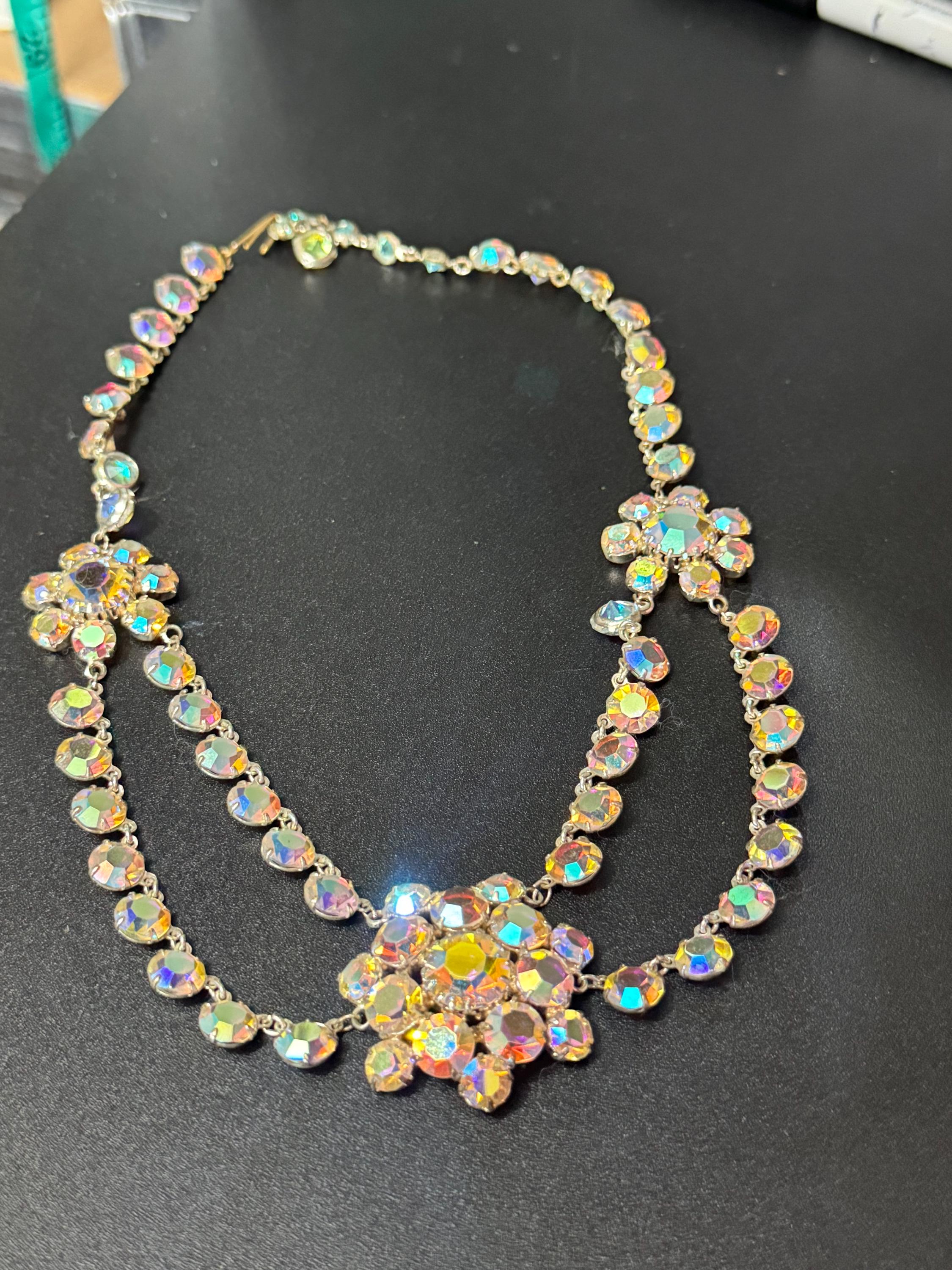 Vintage AB Aurora borealis rainbow glass open back crystal rivière bezel set swag bib  necklace