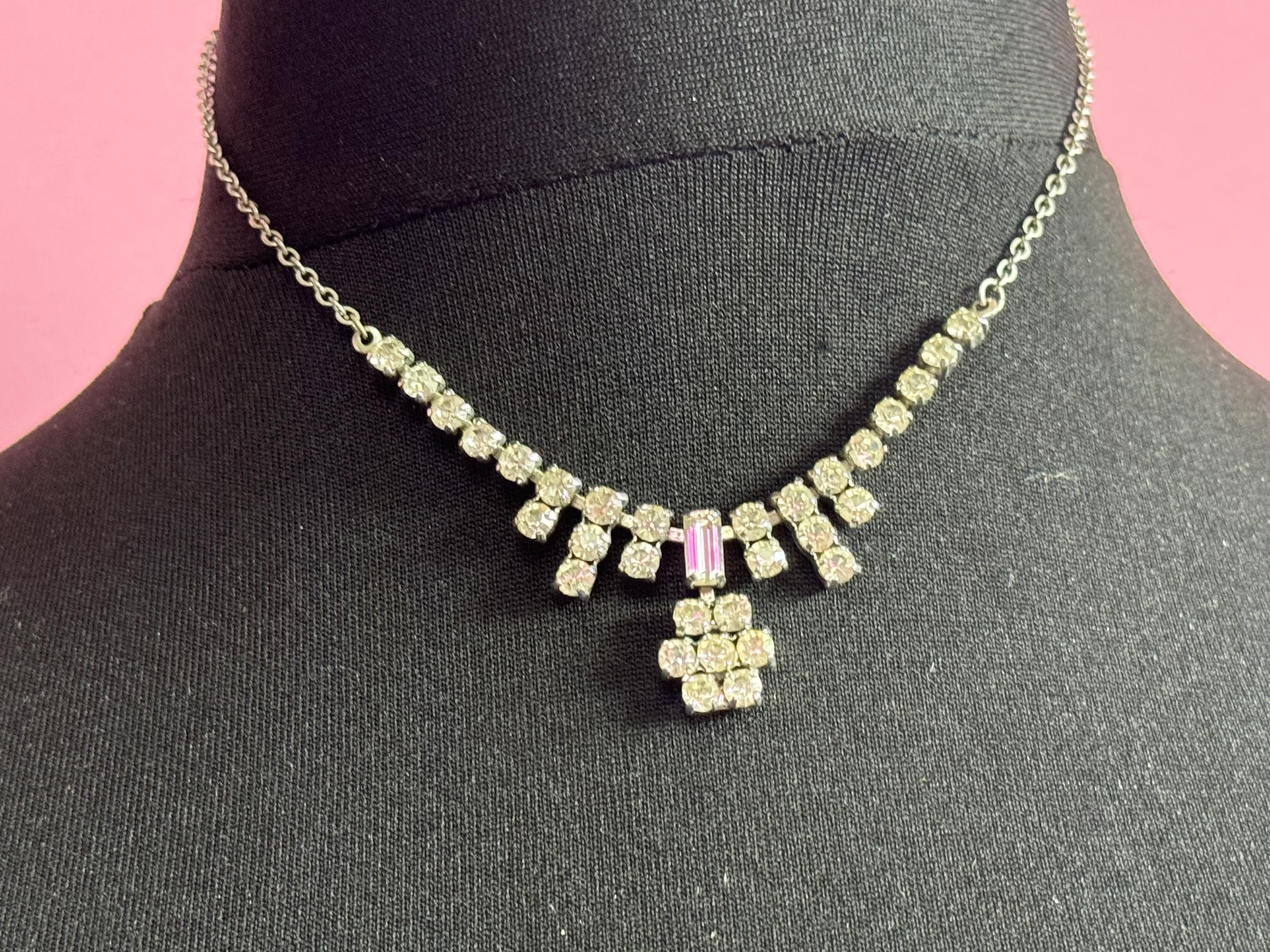 Vintage clear diamanté glass rhinestone crystal silver tone necklace 40cm
