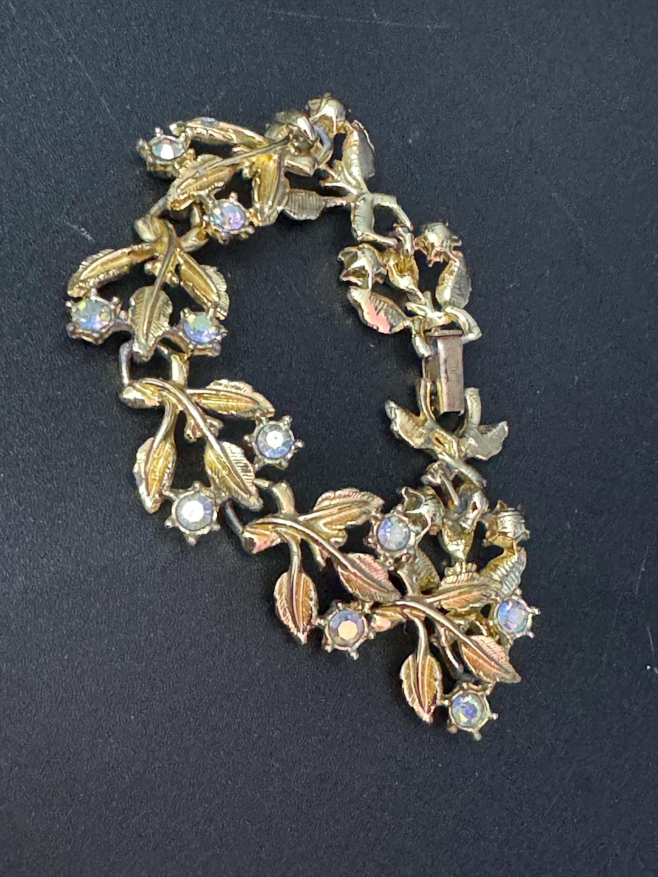 Vintage gold tone mid century AB diamanté panel link bracelet