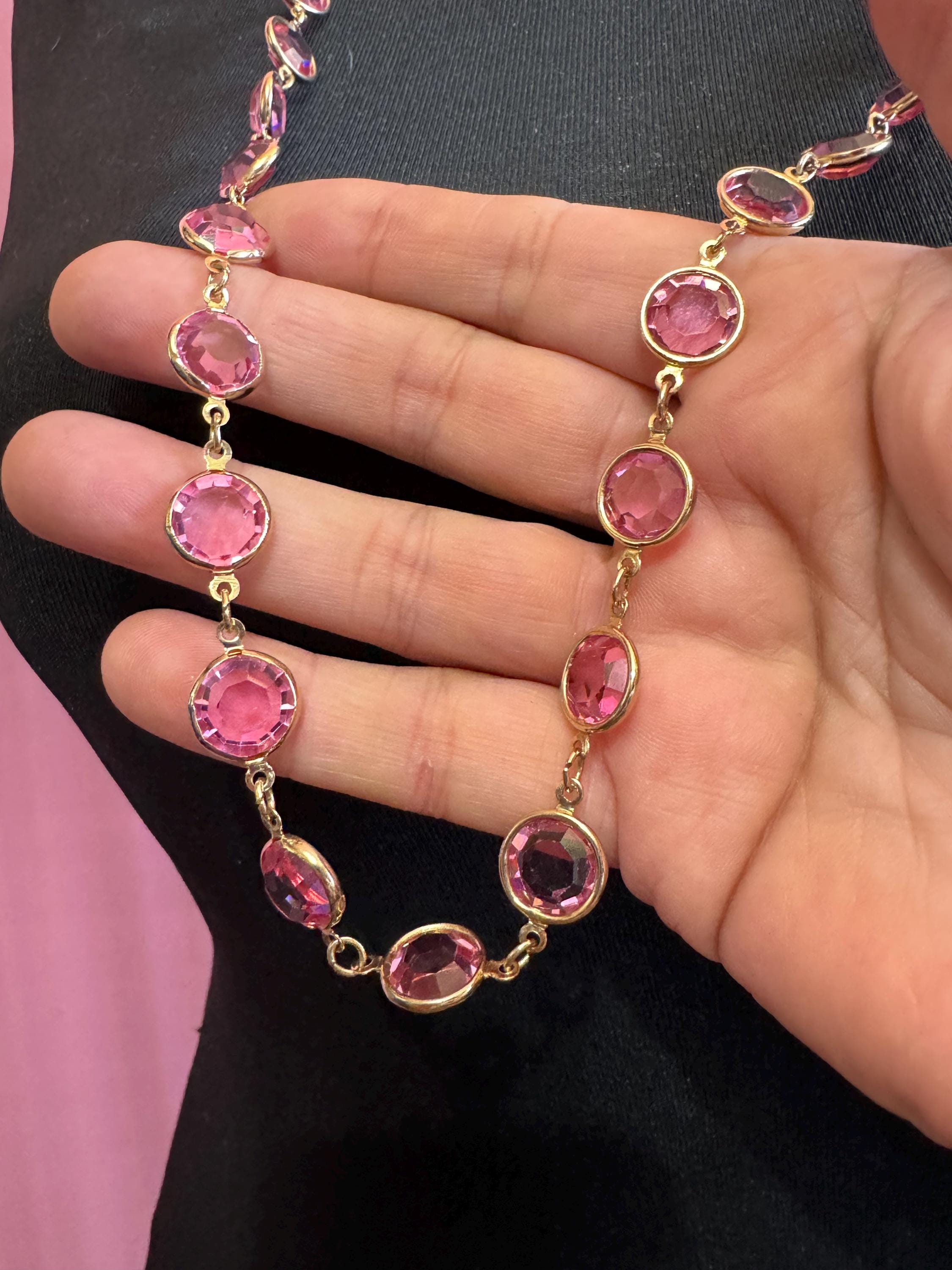Retro Rivière bezel pink faceted glass vintage gold tone chain necklace 90cm flapper length