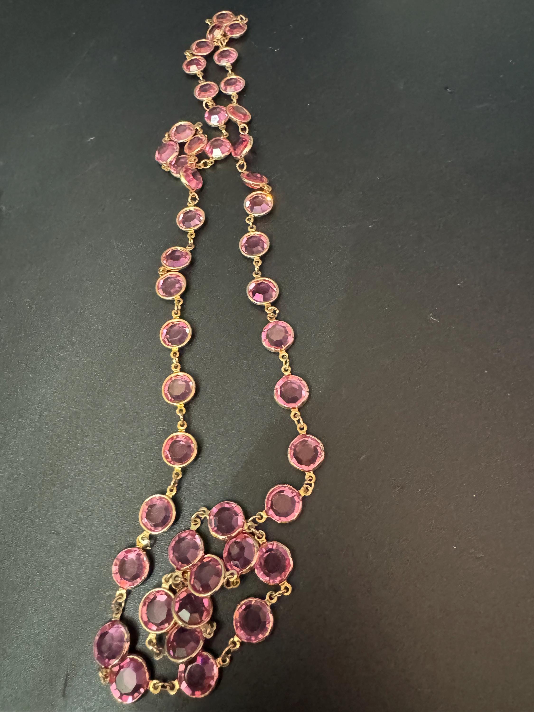 Retro Rivière bezel pink faceted glass vintage gold tone chain necklace 90cm flapper length