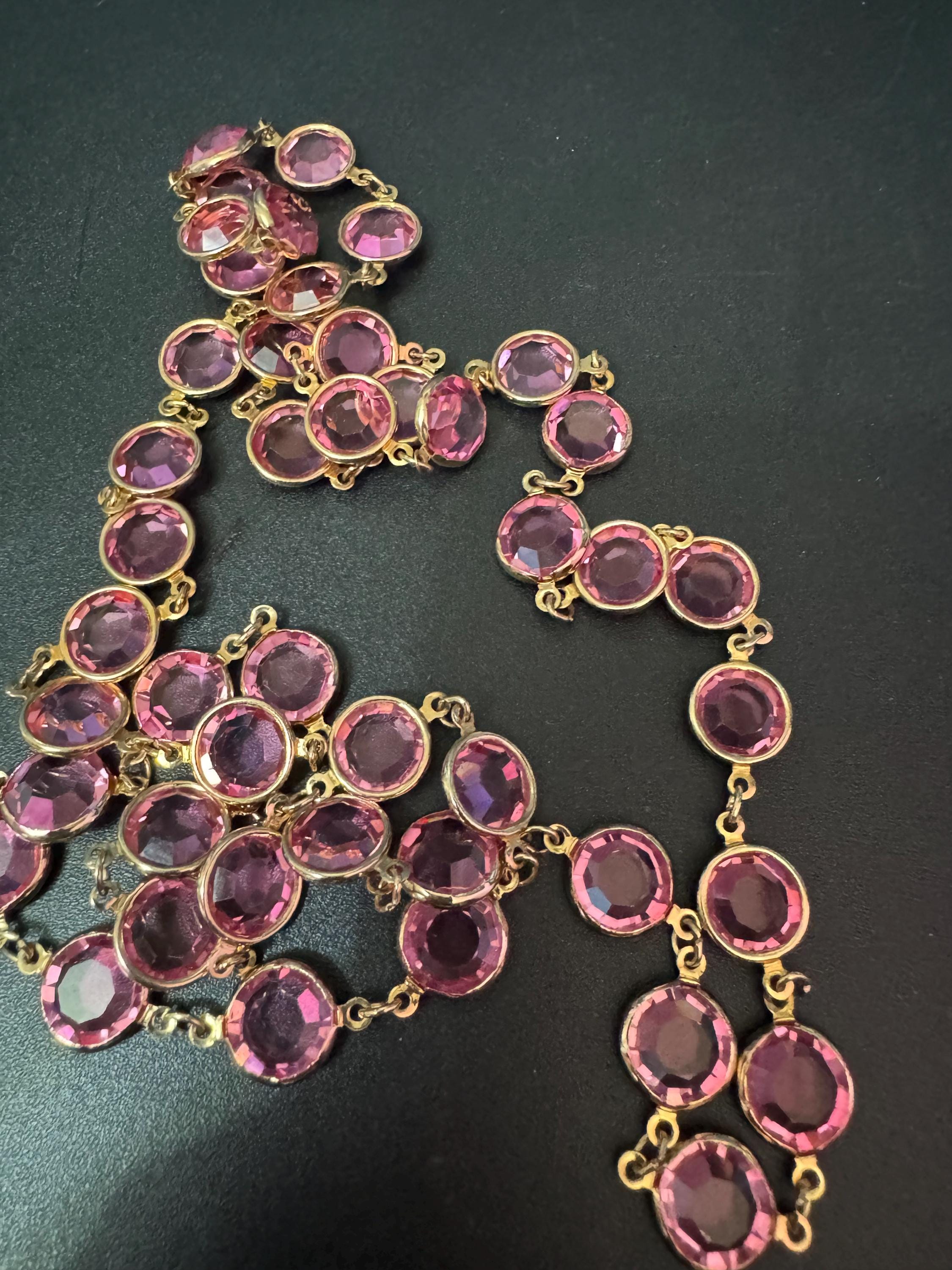 Retro Rivière bezel pink faceted glass vintage gold tone chain necklace 90cm flapper length