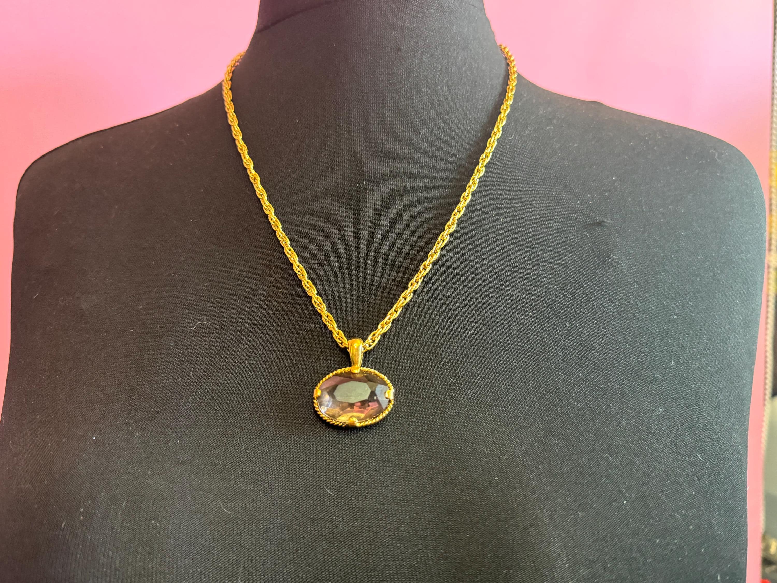 retro oval purple amethyst fob pendant on a 60cm gold tone ADRIEN Mann signed chain
