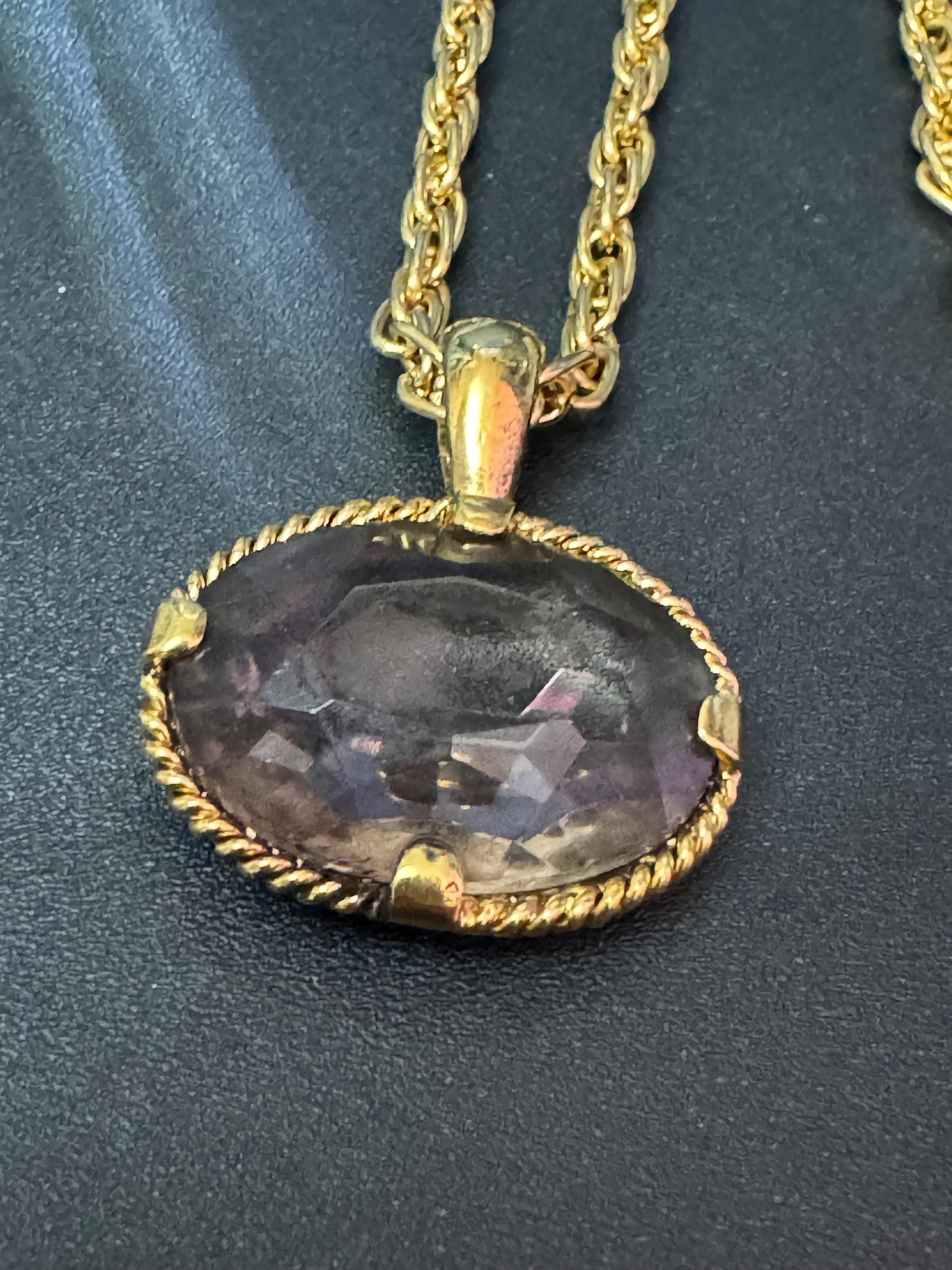 retro oval purple amethyst fob pendant on a 60cm gold tone ADRIEN Mann signed chain