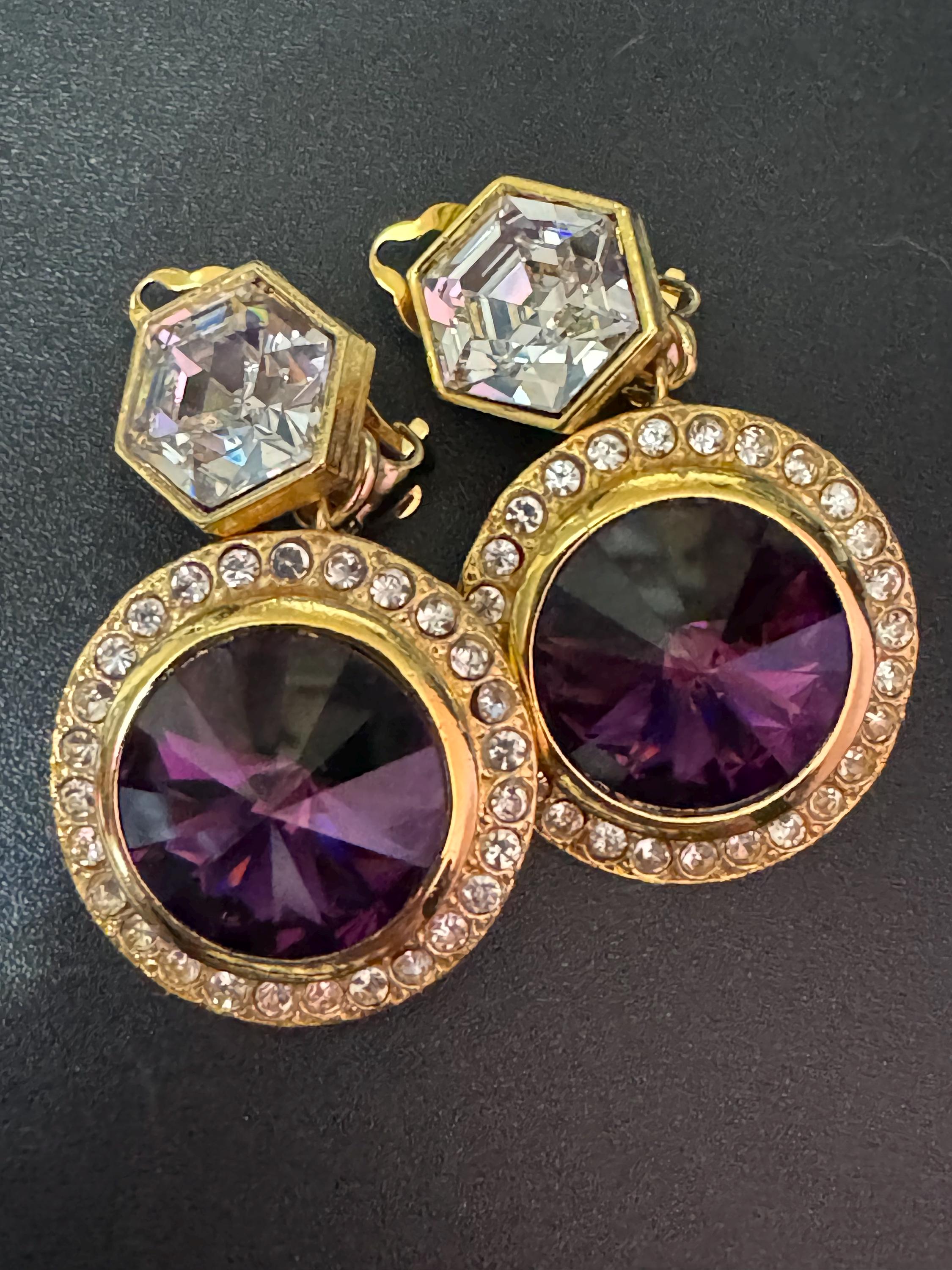 Vintage 1980s Swarovski Crystal Earrings: Gold Tone Purple Rivoli