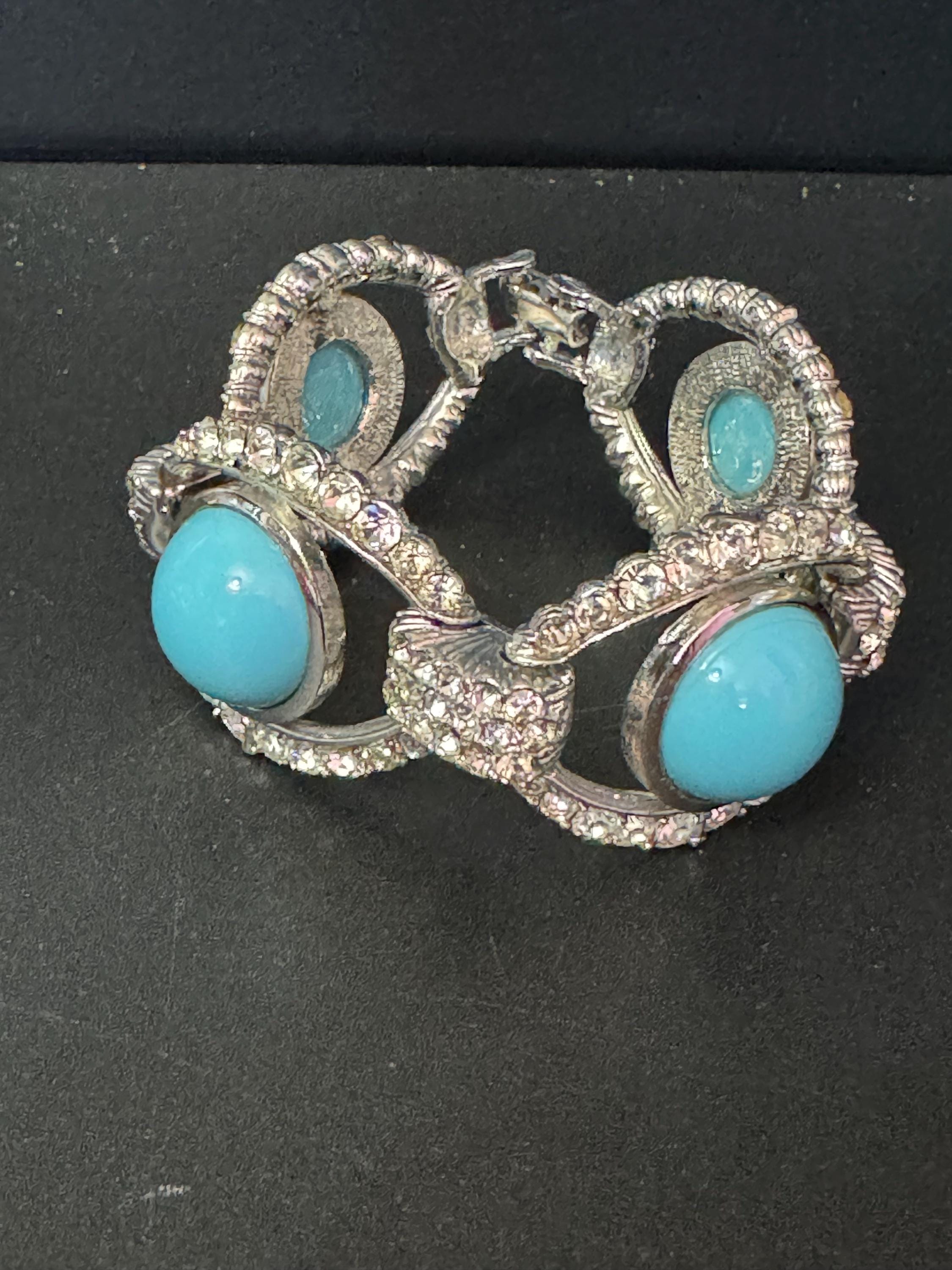 vintage 1980s wide clear Diamanté silver crystal set turquoise glass cabochon cocktail Bracelet 19.5 x 3cm