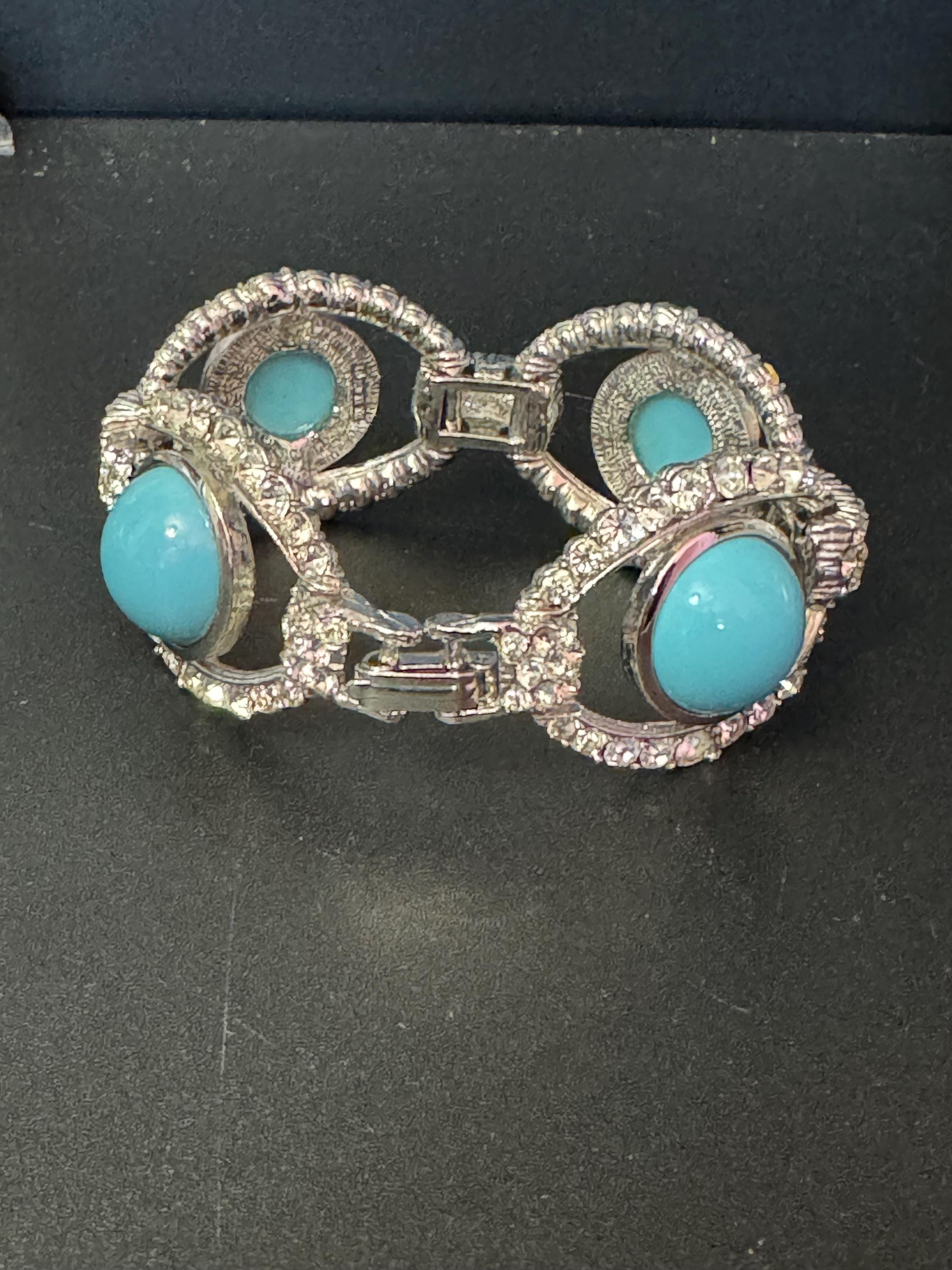 vintage 1980s wide clear Diamanté silver crystal set turquoise glass cabochon cocktail Bracelet 19.5 x 3cm