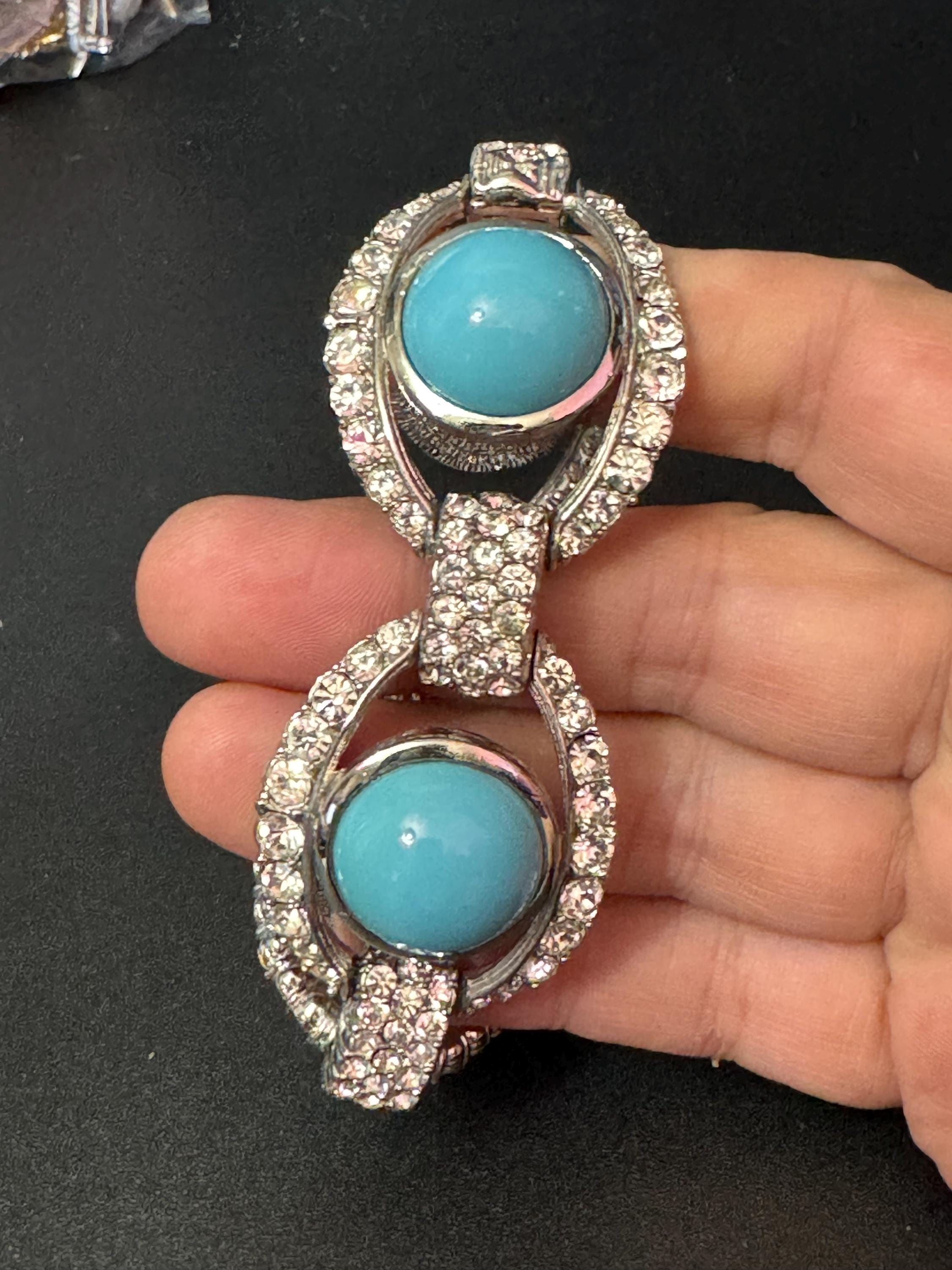vintage 1980s wide clear Diamanté silver crystal set turquoise glass cabochon cocktail Bracelet 19.5 x 3cm