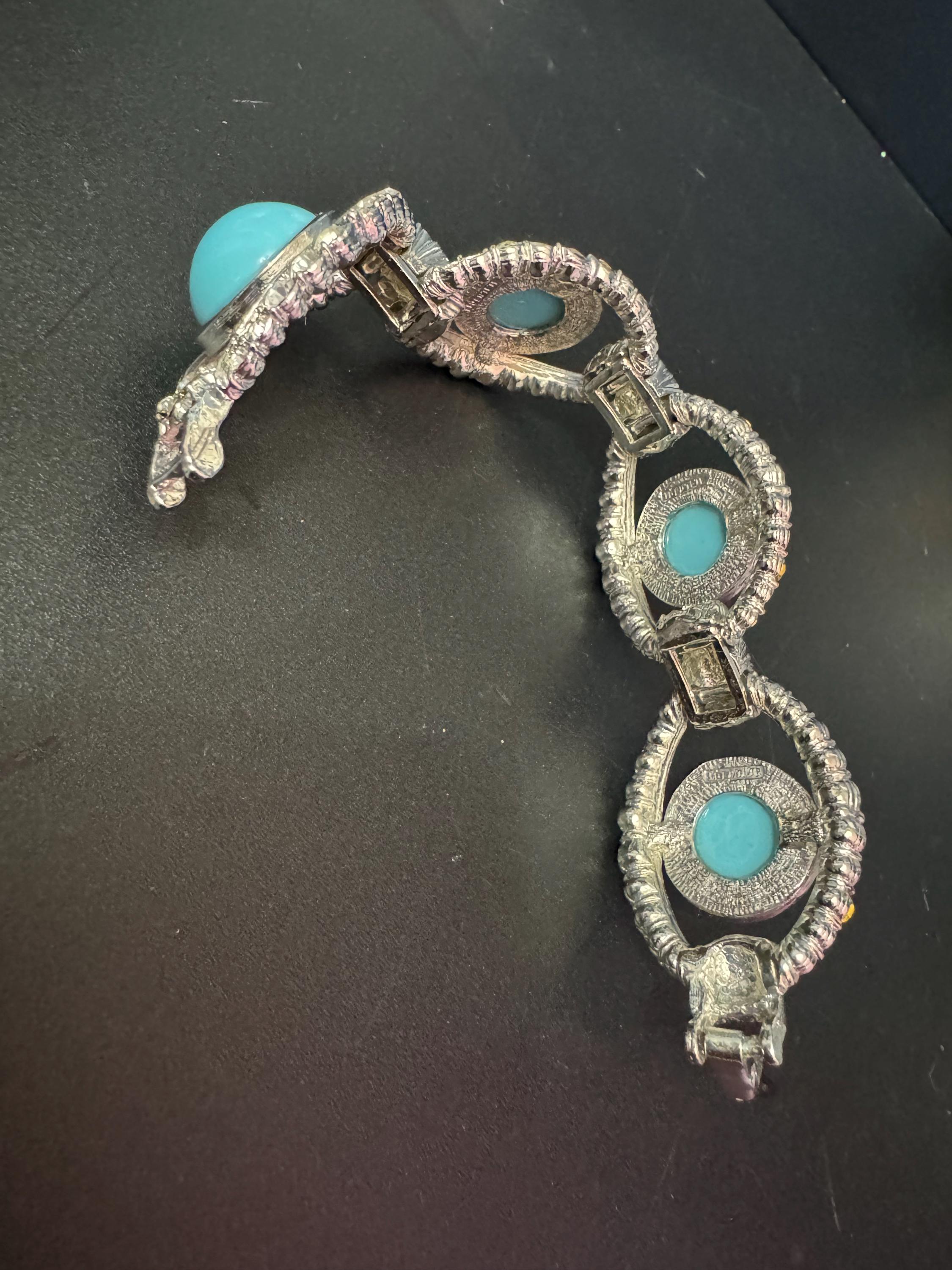 vintage 1980s wide clear Diamanté silver crystal set turquoise glass cabochon cocktail Bracelet 19.5 x 3cm
