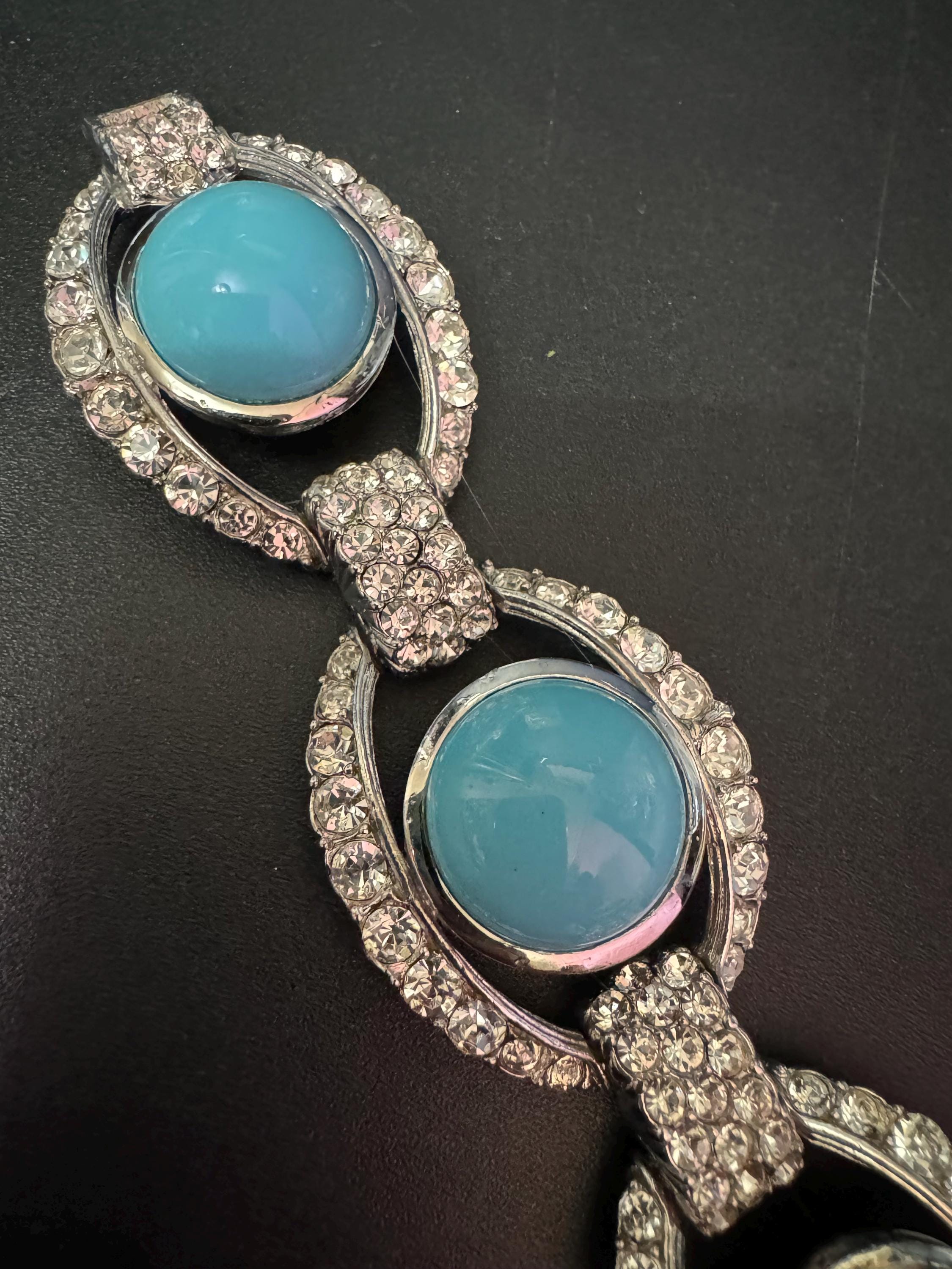 vintage 1980s wide clear Diamanté silver crystal set turquoise glass cabochon cocktail Bracelet 19.5 x 3cm