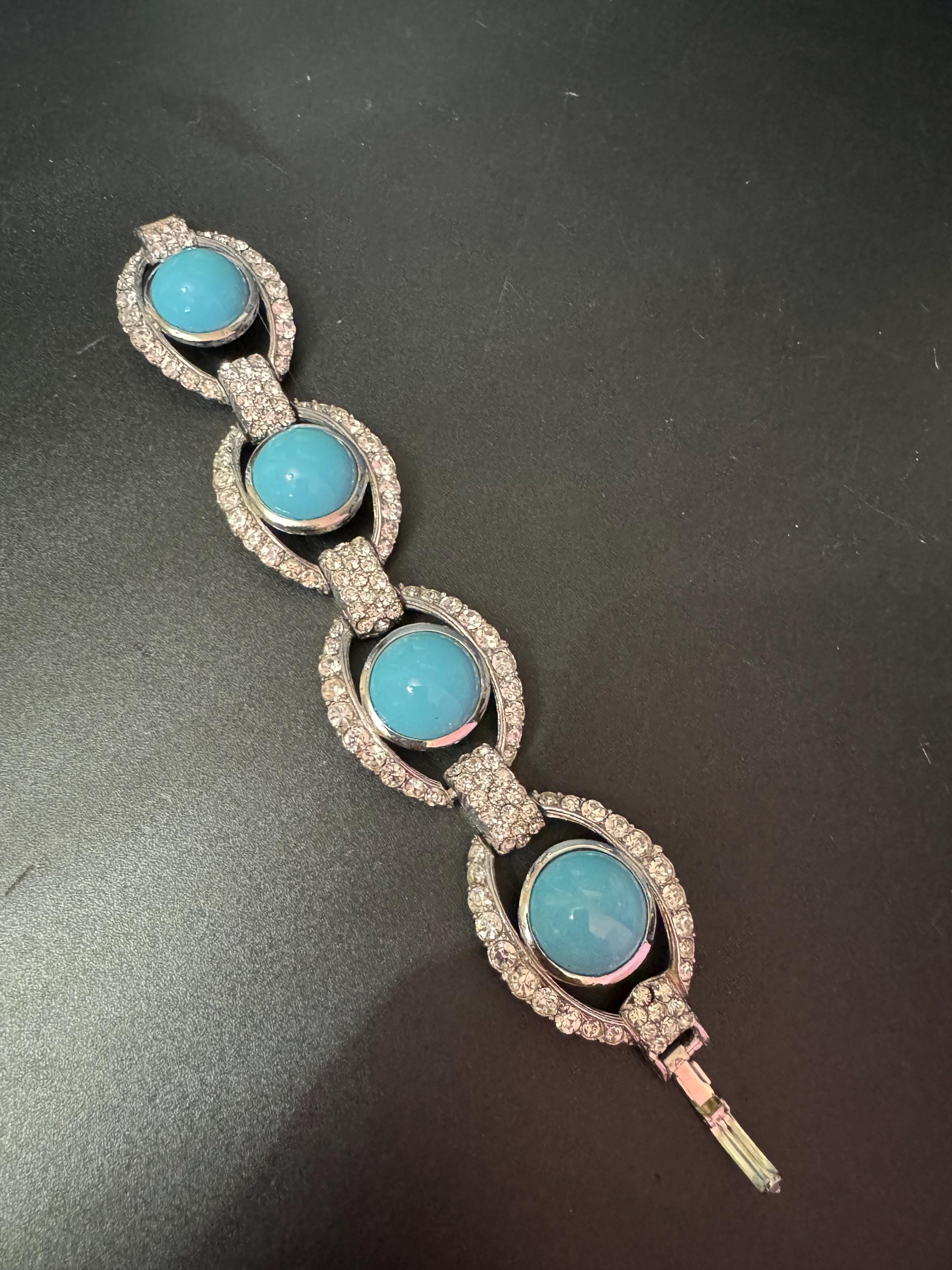 vintage 1980s wide clear Diamanté silver crystal set turquoise glass cabochon cocktail Bracelet 19.5 x 3cm