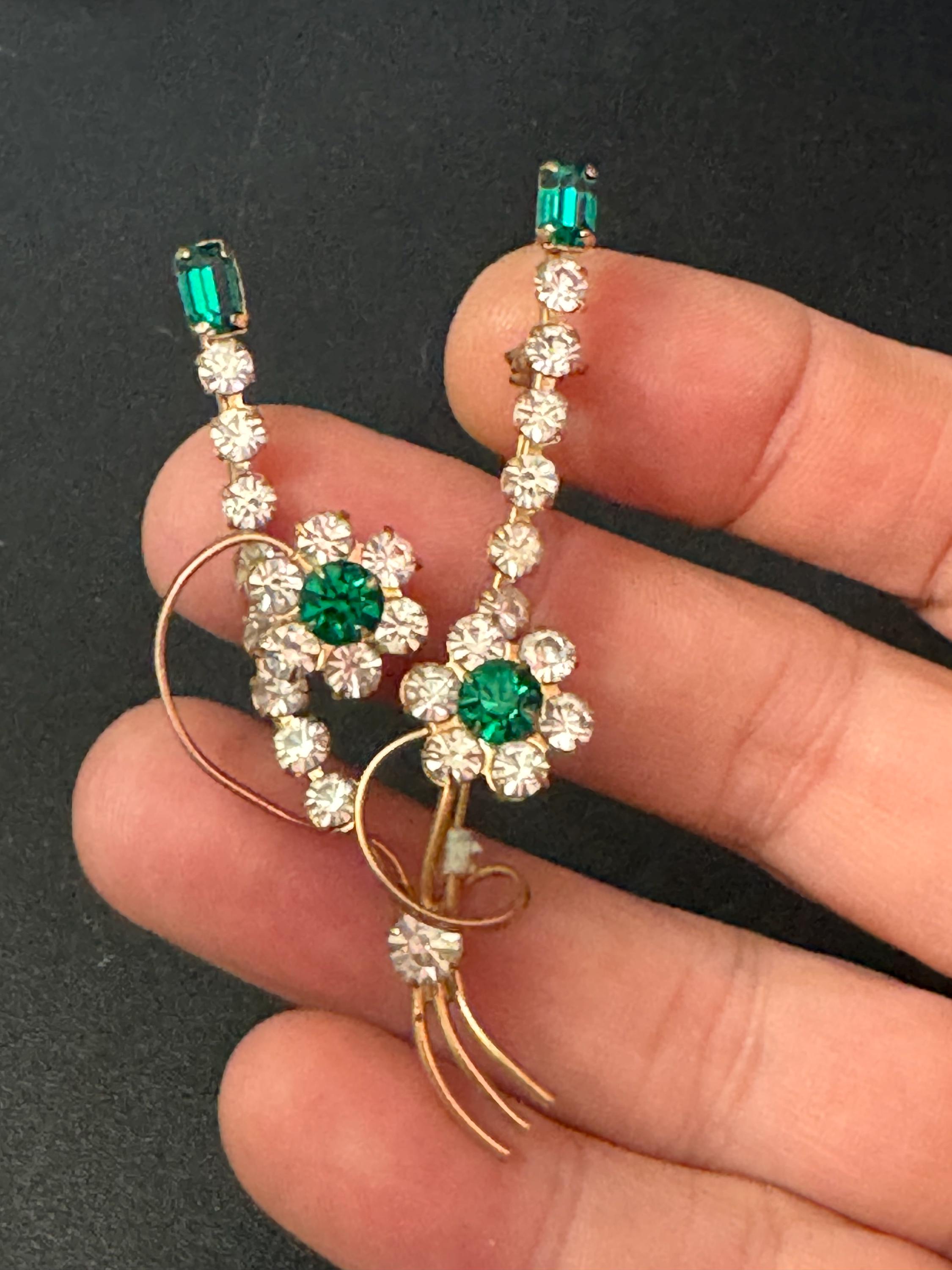 Vintage MCM gold tone clear and emerald green rhinestone paste floral brooch 1950s 1960s