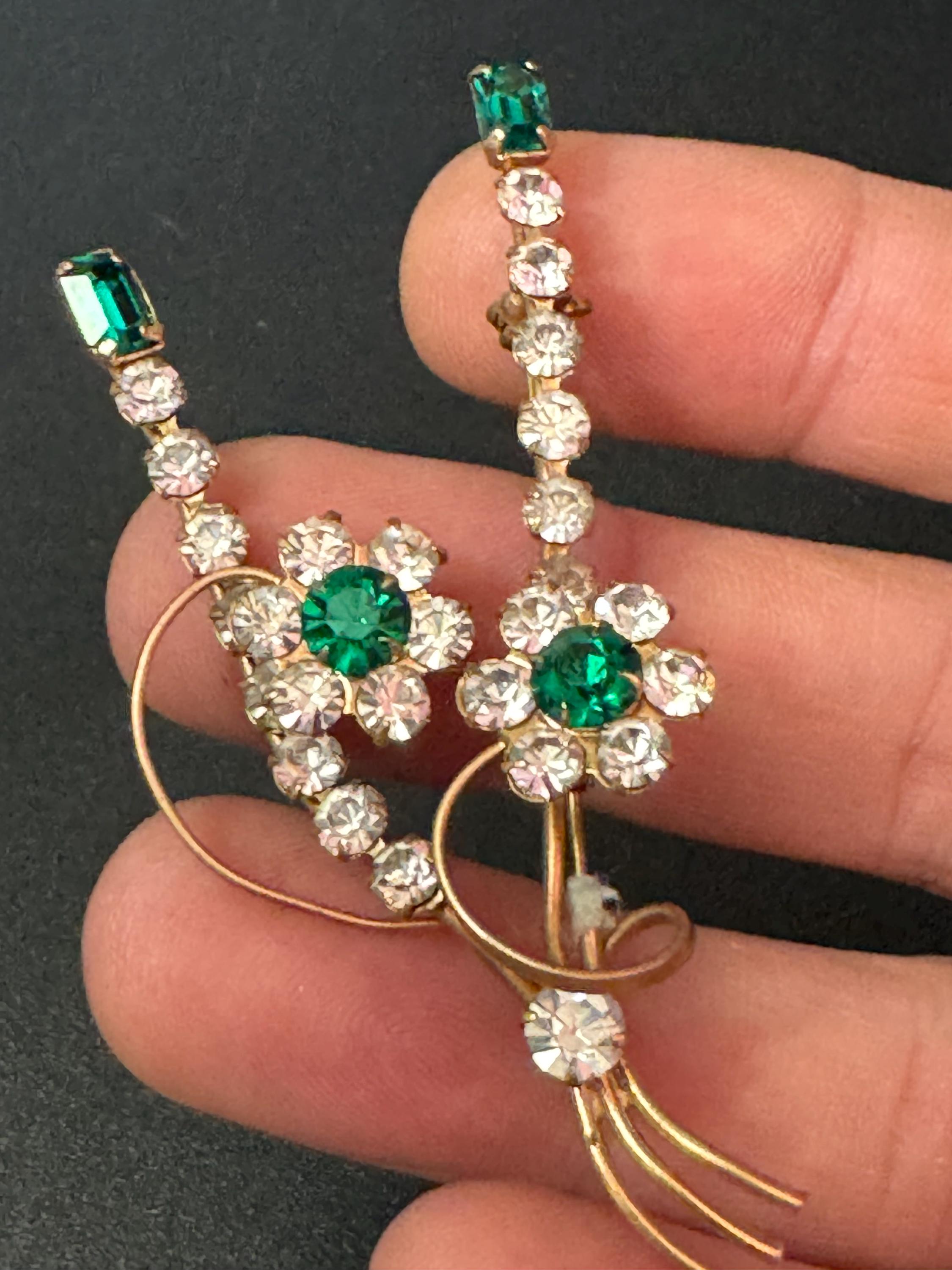 Vintage MCM gold tone clear and emerald green rhinestone paste floral brooch 1950s 1960s