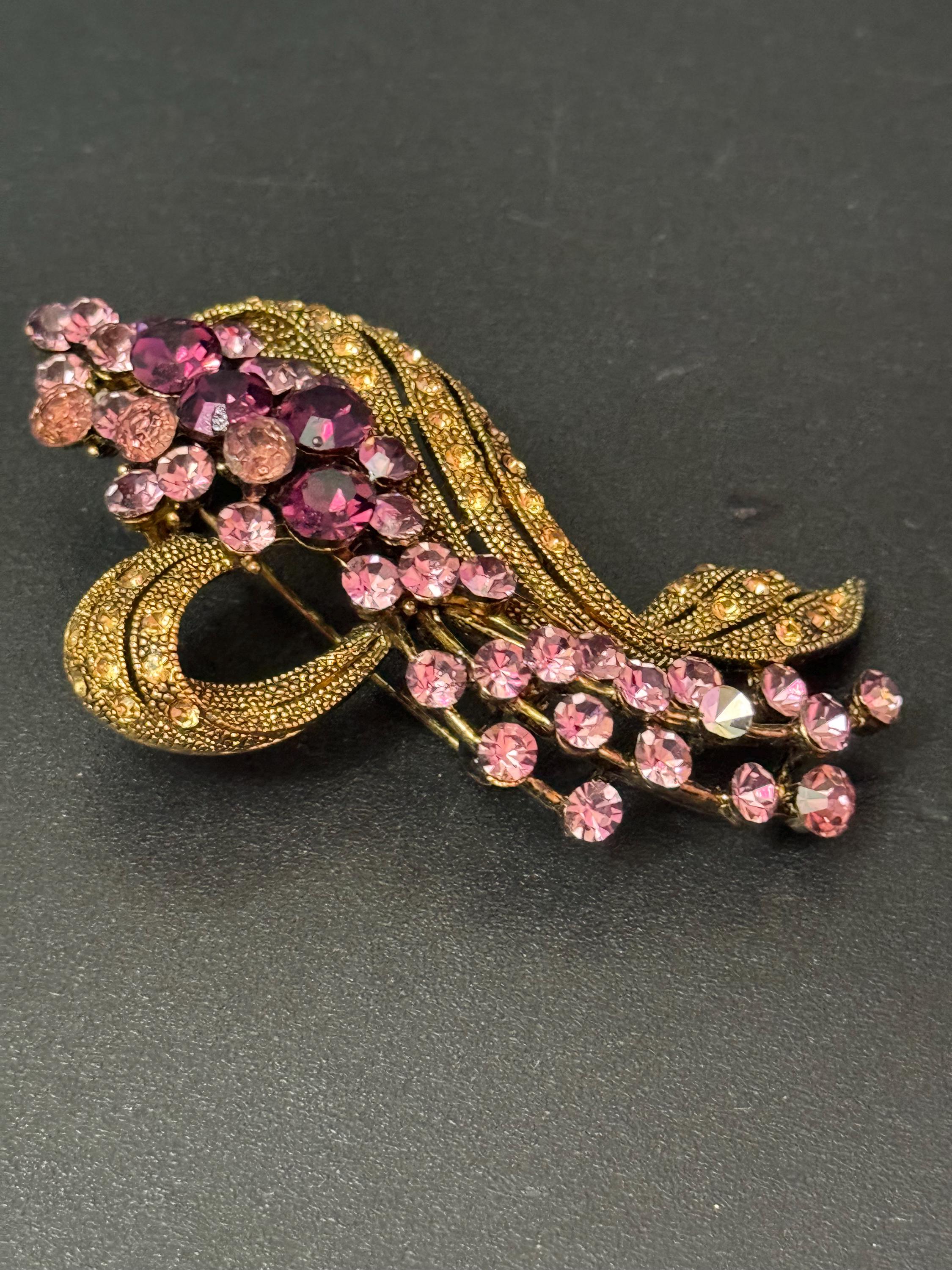 Signed ROM Canadian Vintage amethyst purple copper tone floral Brooch