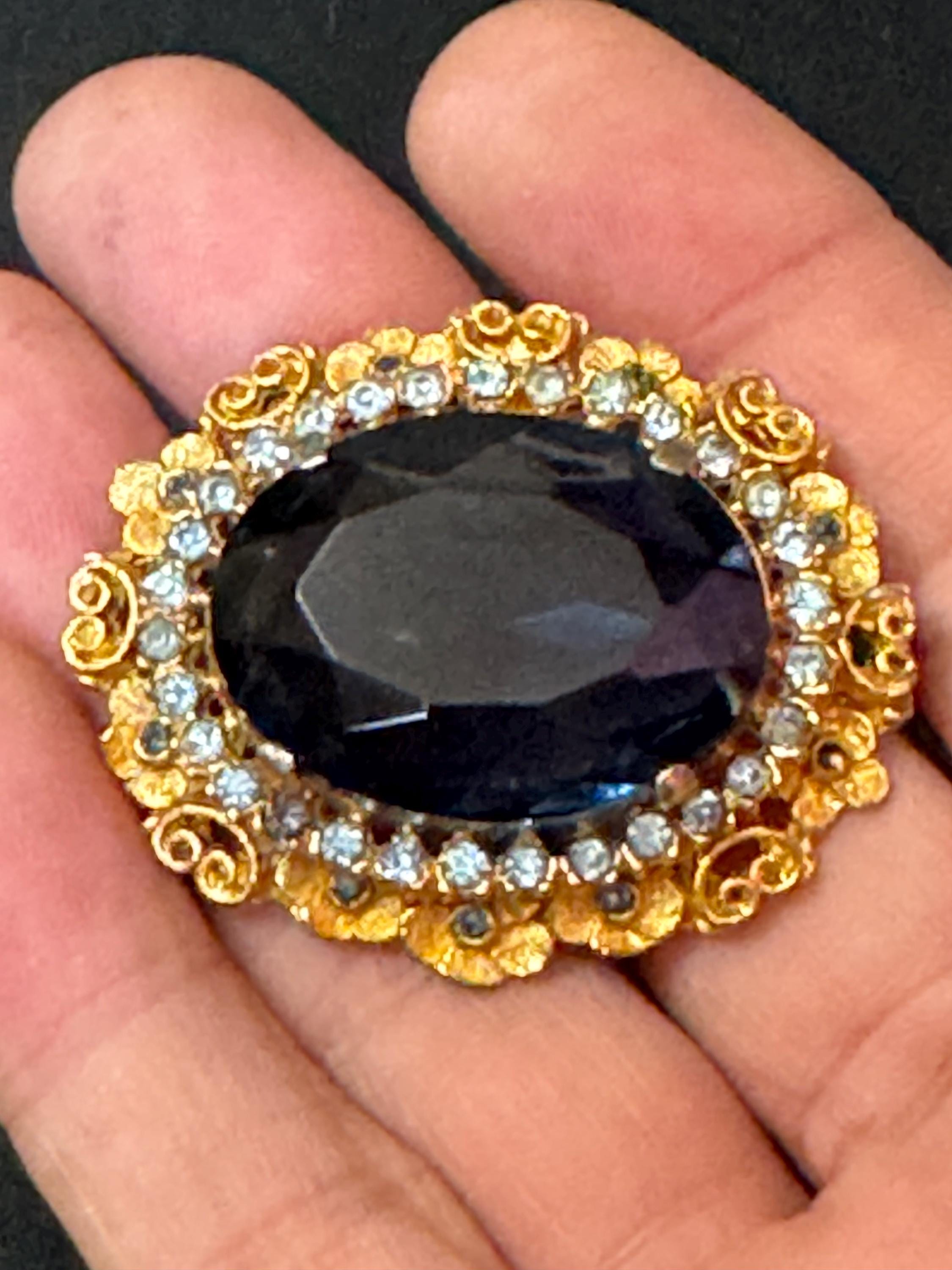 vintage large sapphire blue rhinestone glass oval diamanté brooch 6cm