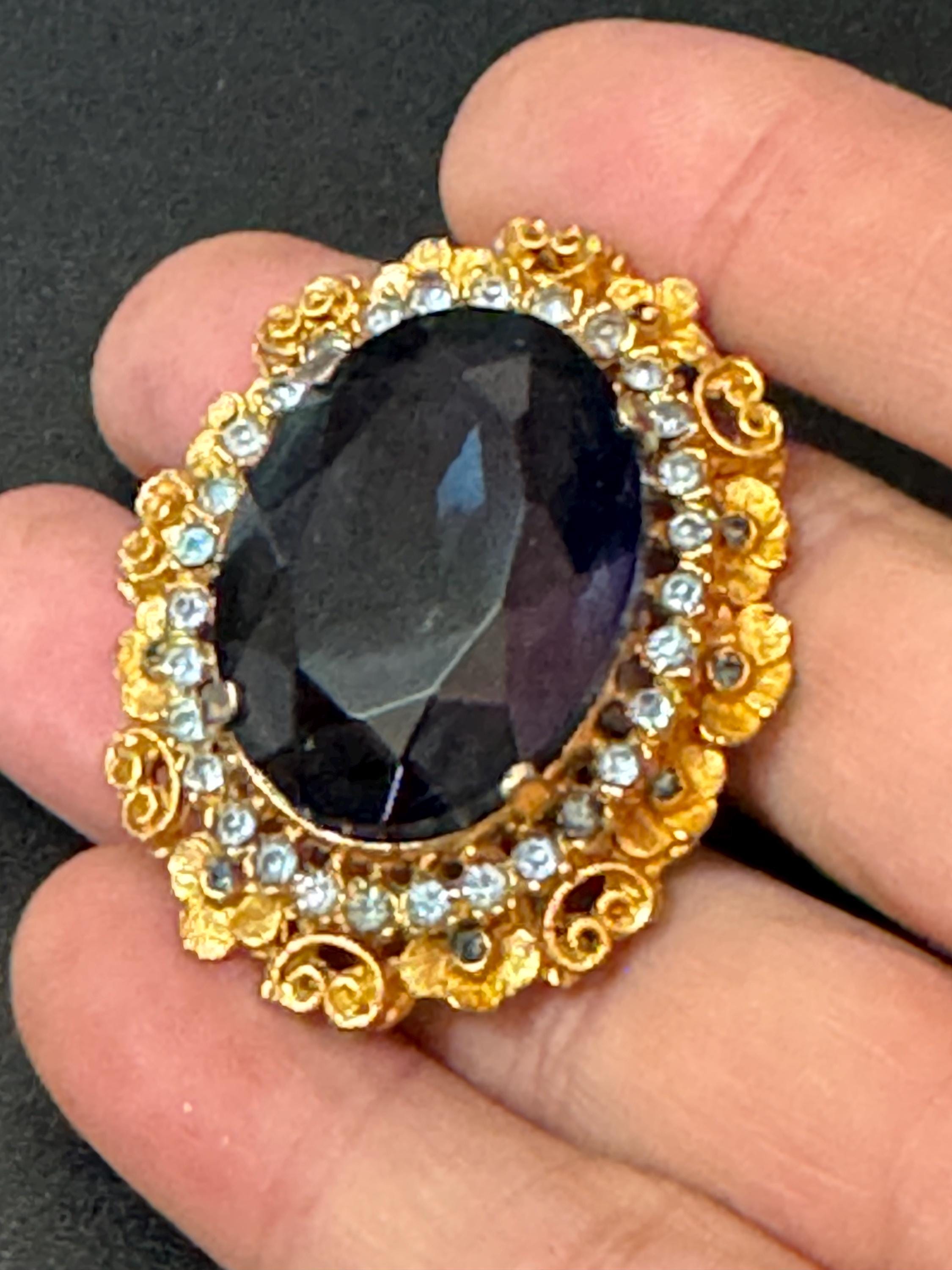 vintage large sapphire blue rhinestone glass oval diamanté brooch 6cm
