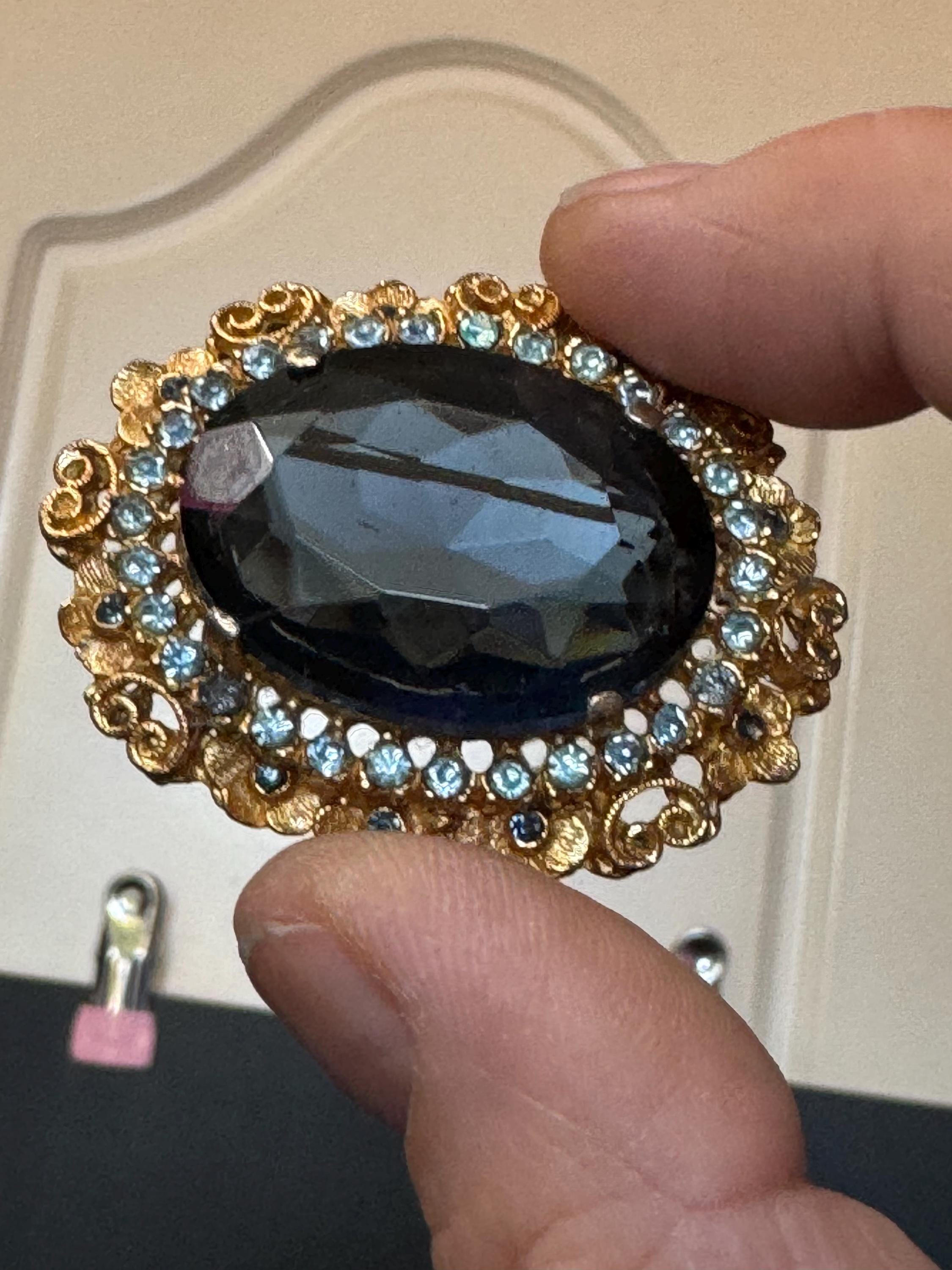 vintage large sapphire blue rhinestone glass oval diamanté brooch 6cm