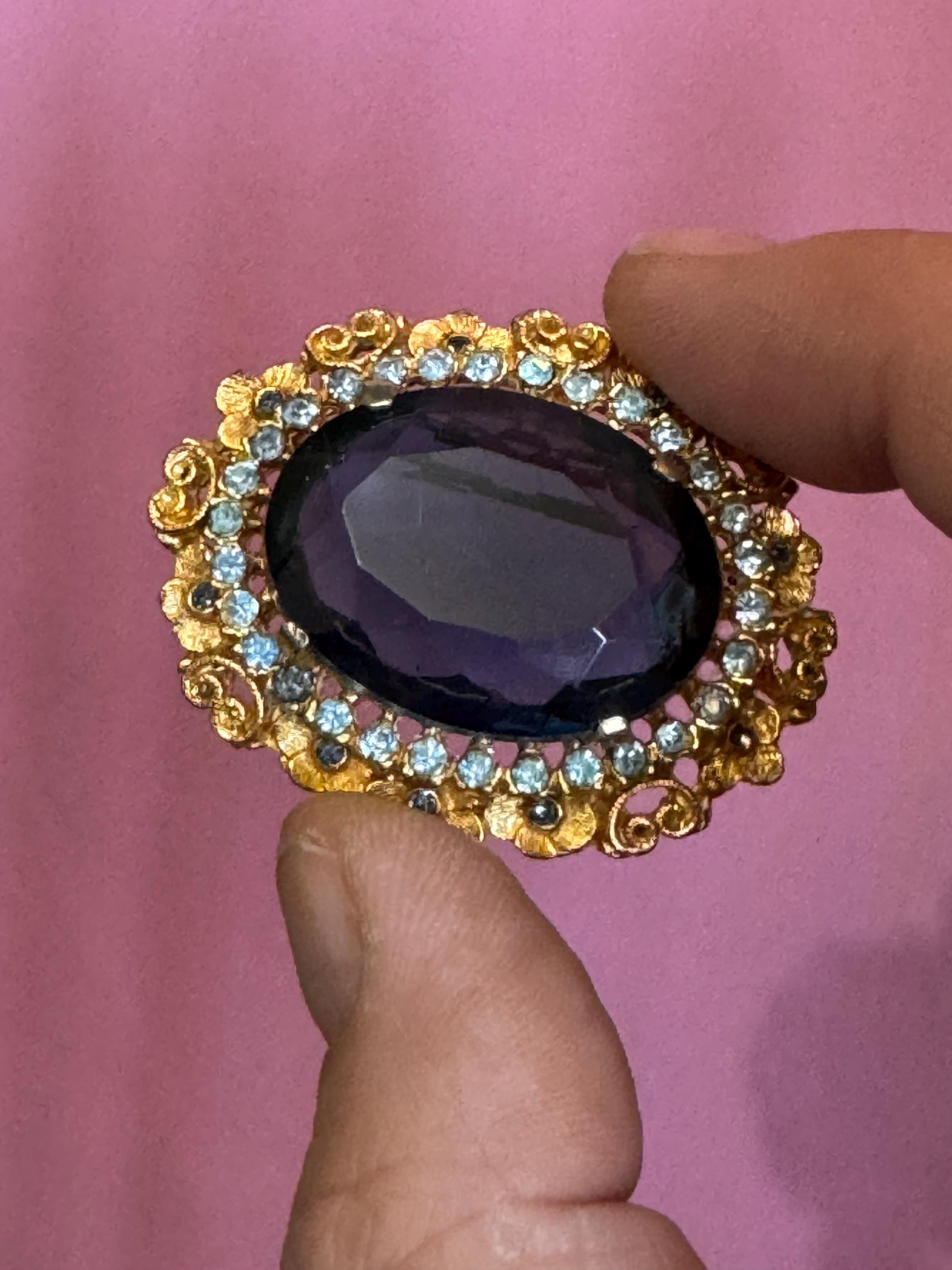 vintage large sapphire blue rhinestone glass oval diamanté brooch 6cm