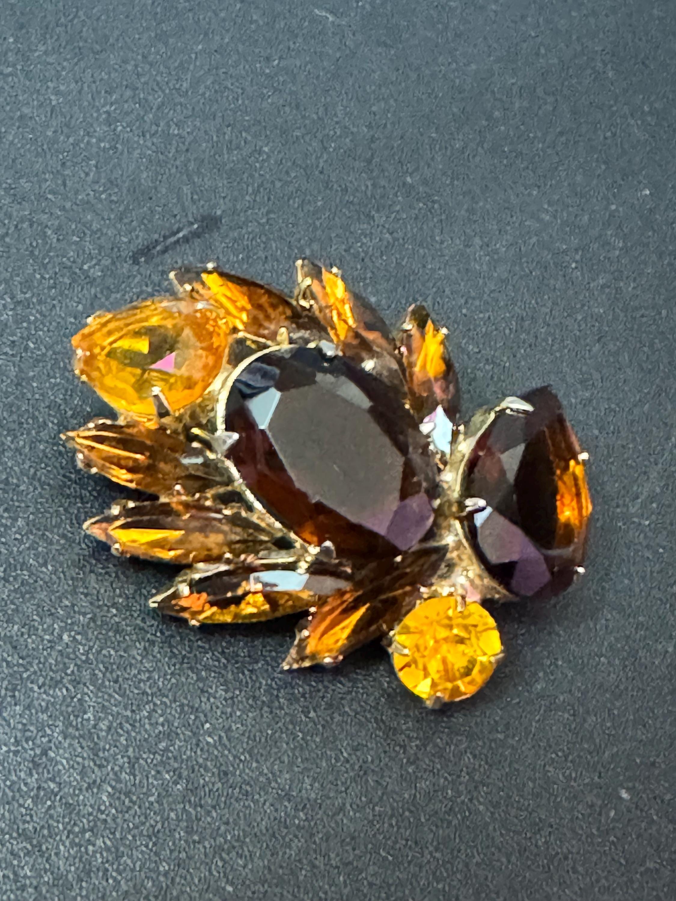 vintage orange citrine and brown cognac glass open back brooch