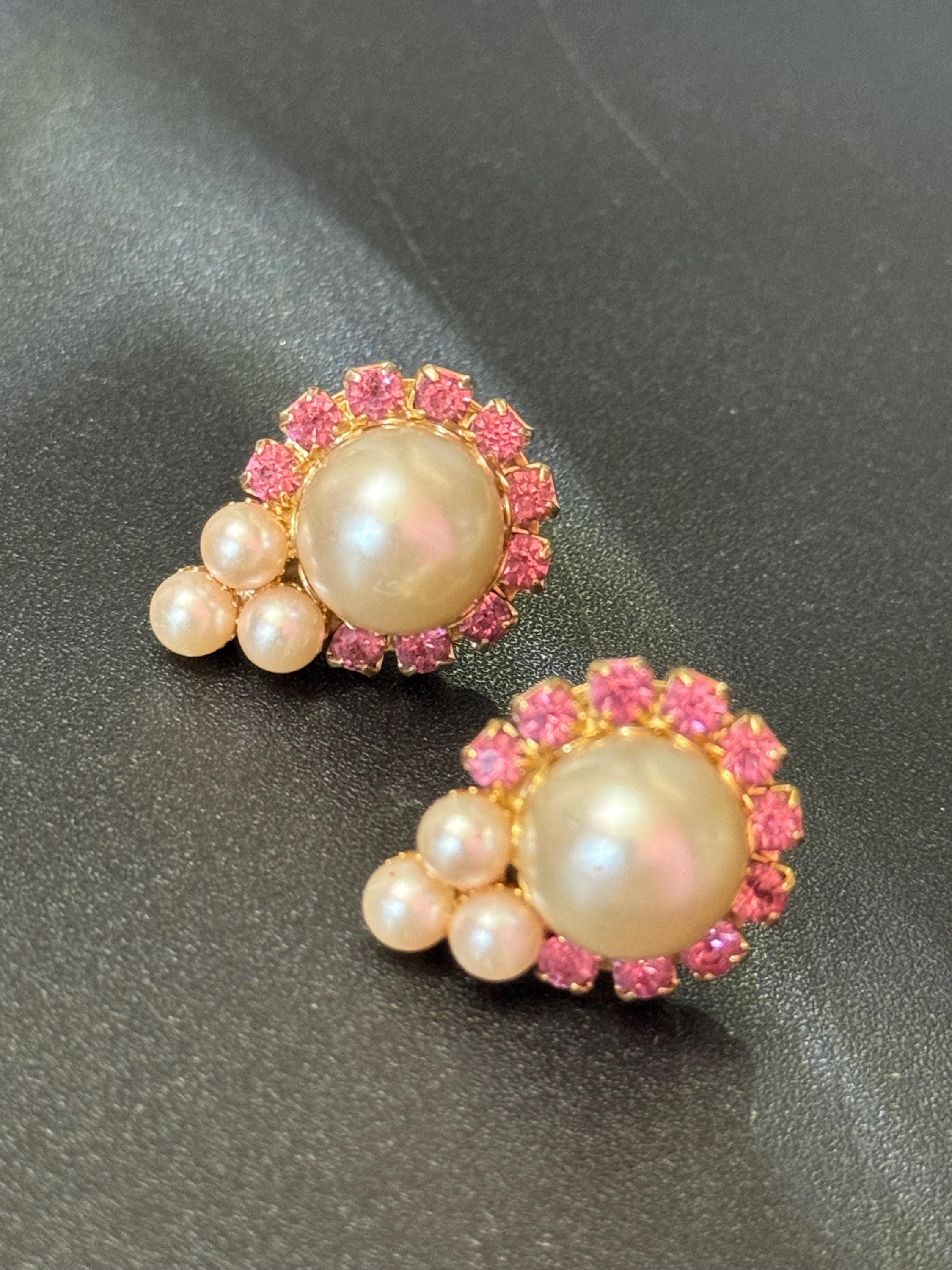 Vintage pink Rhinestone Diamanté faux pearl Clip On Earrings screw back