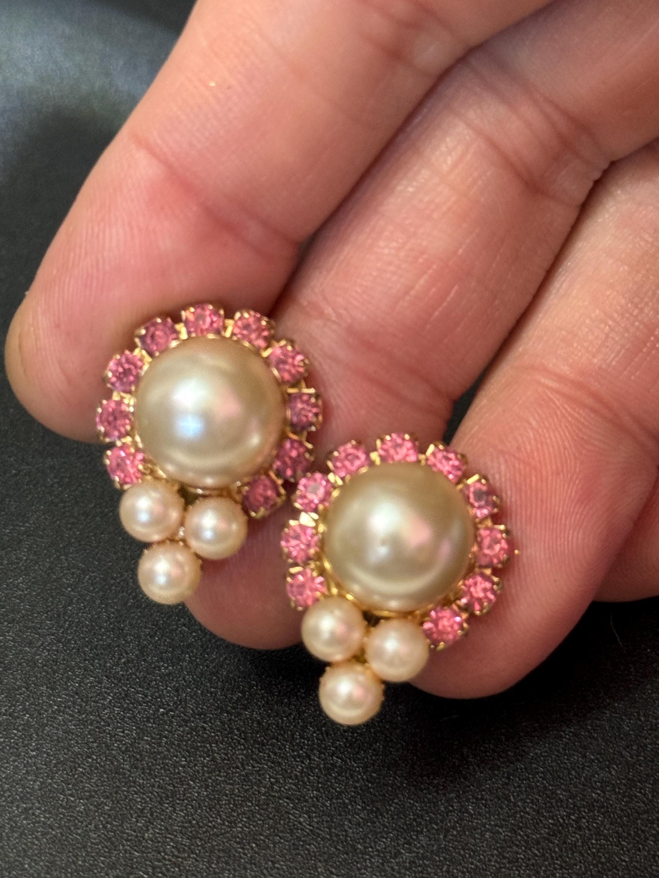 Vintage pink Rhinestone Diamanté faux pearl Clip On Earrings screw back