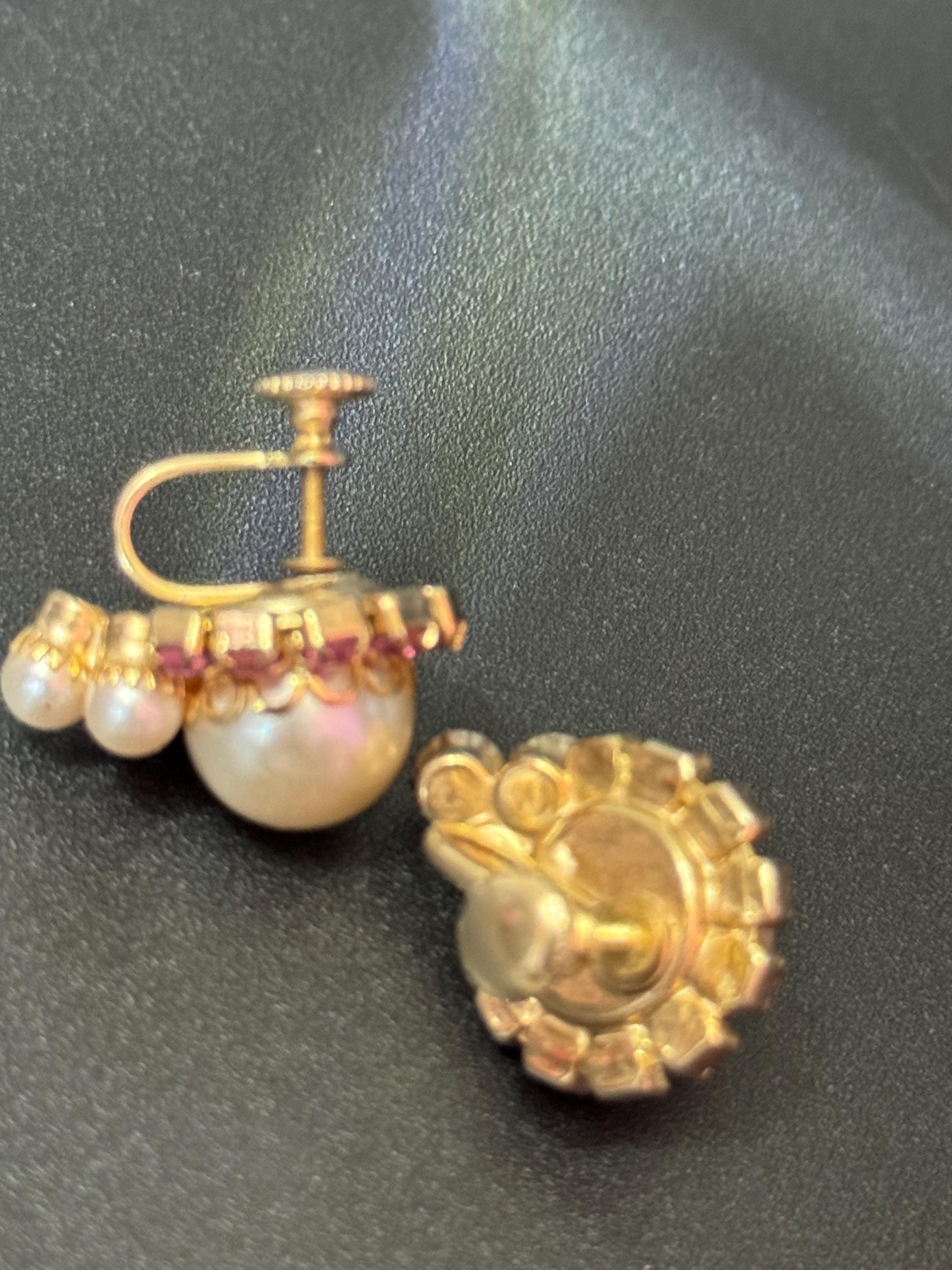 Vintage pink Rhinestone Diamanté faux pearl Clip On Earrings screw back