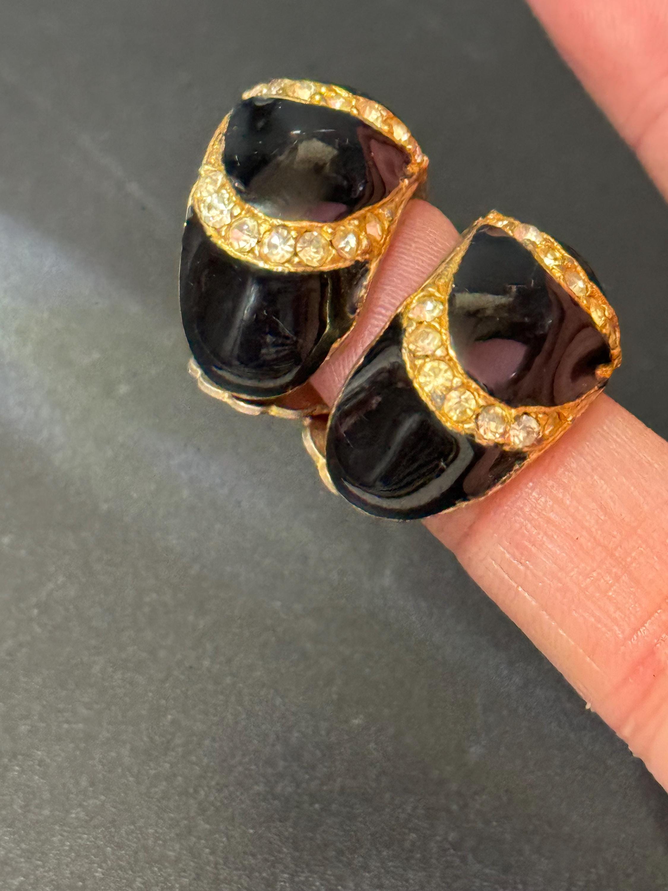 Black enamel clear diamanté Clip On Earrings half hoop studs