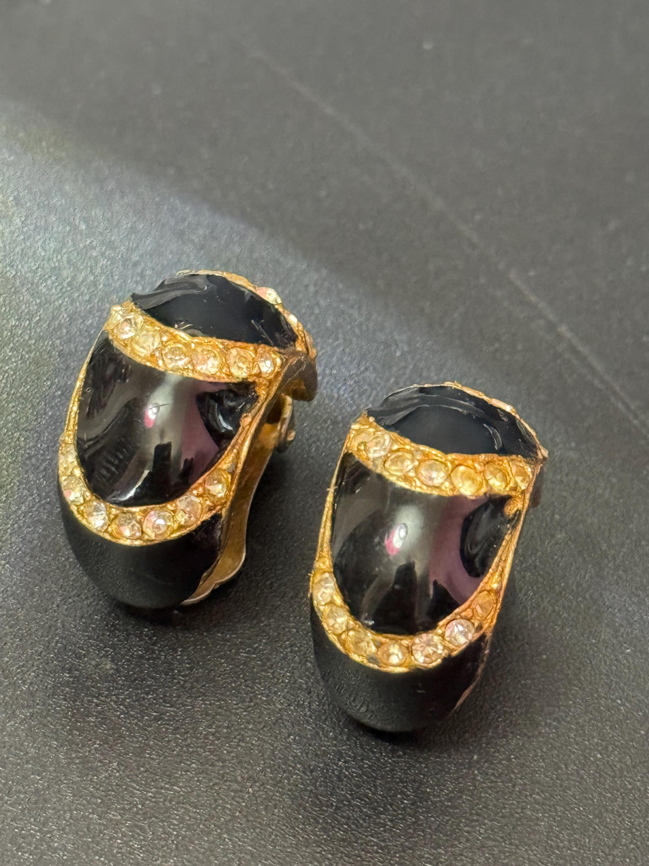 Black enamel clear diamanté Clip On Earrings half hoop studs
