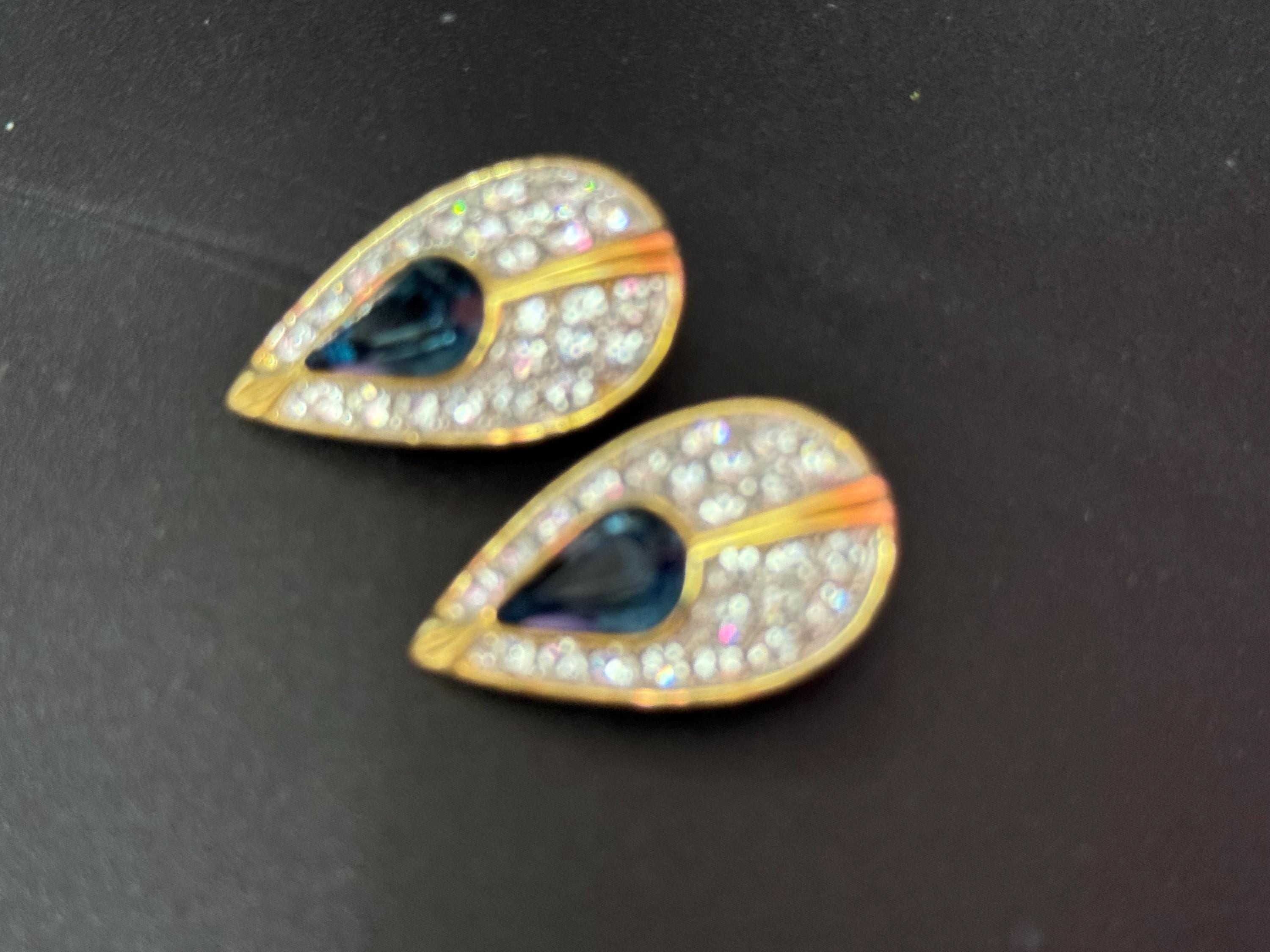 Vintage teardrop Clip On Earrings Sapphire blue and clear rhinestone Diamanté