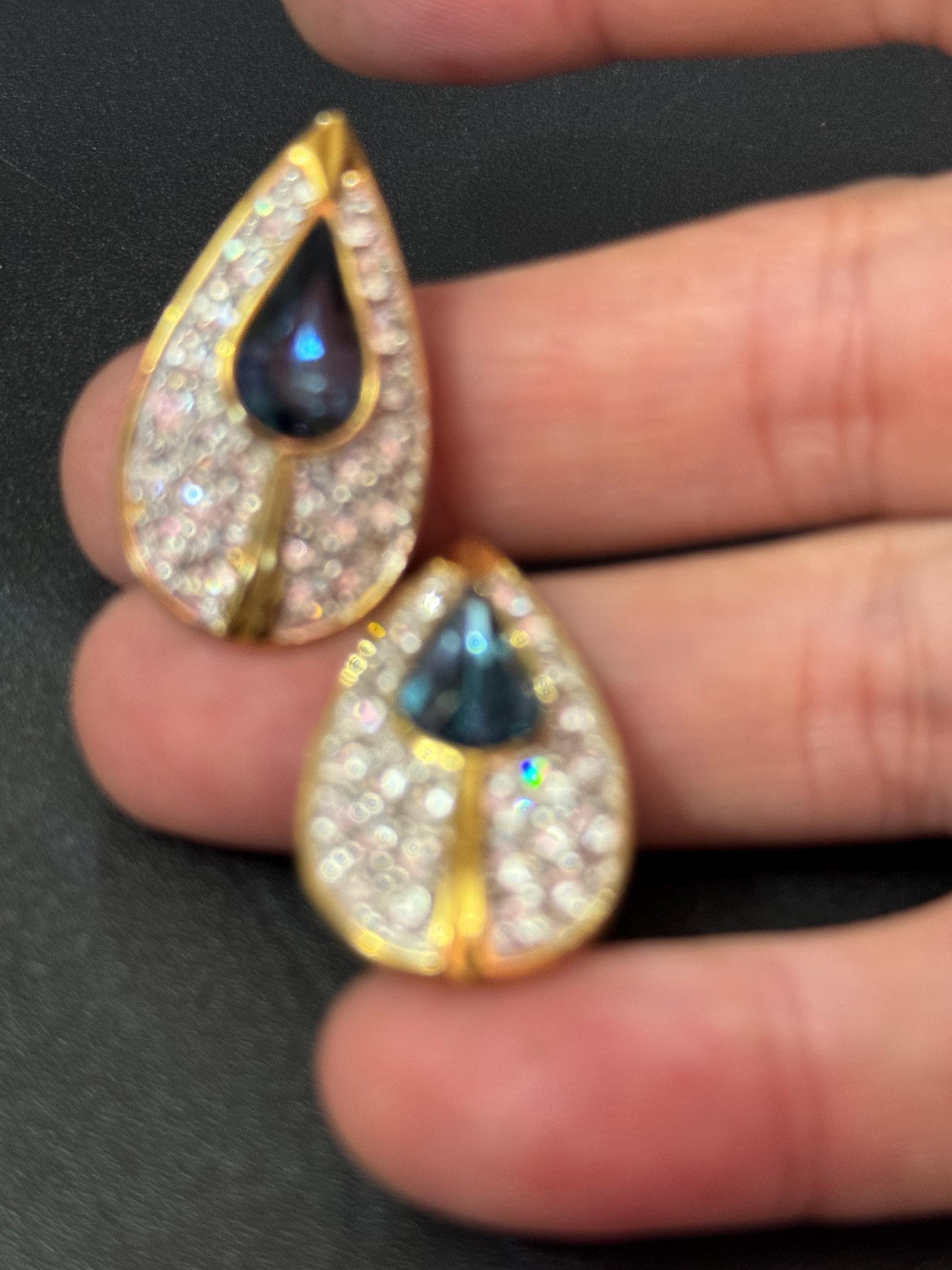 Vintage teardrop Clip On Earrings Sapphire blue and clear rhinestone Diamanté