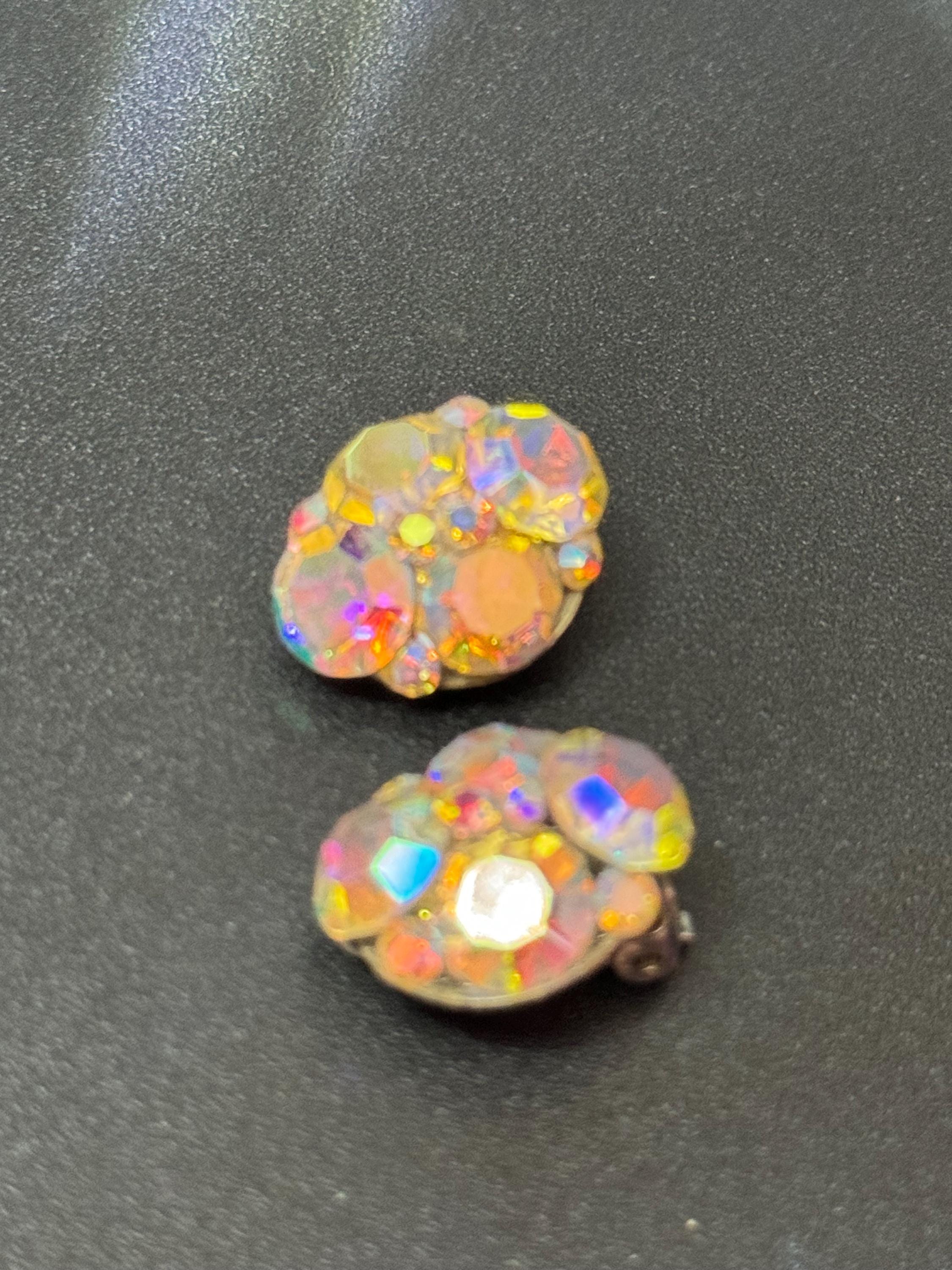 Small Vintage clear rainbow AB lustre glass rhinestone Cluster Clip On stud Earrings