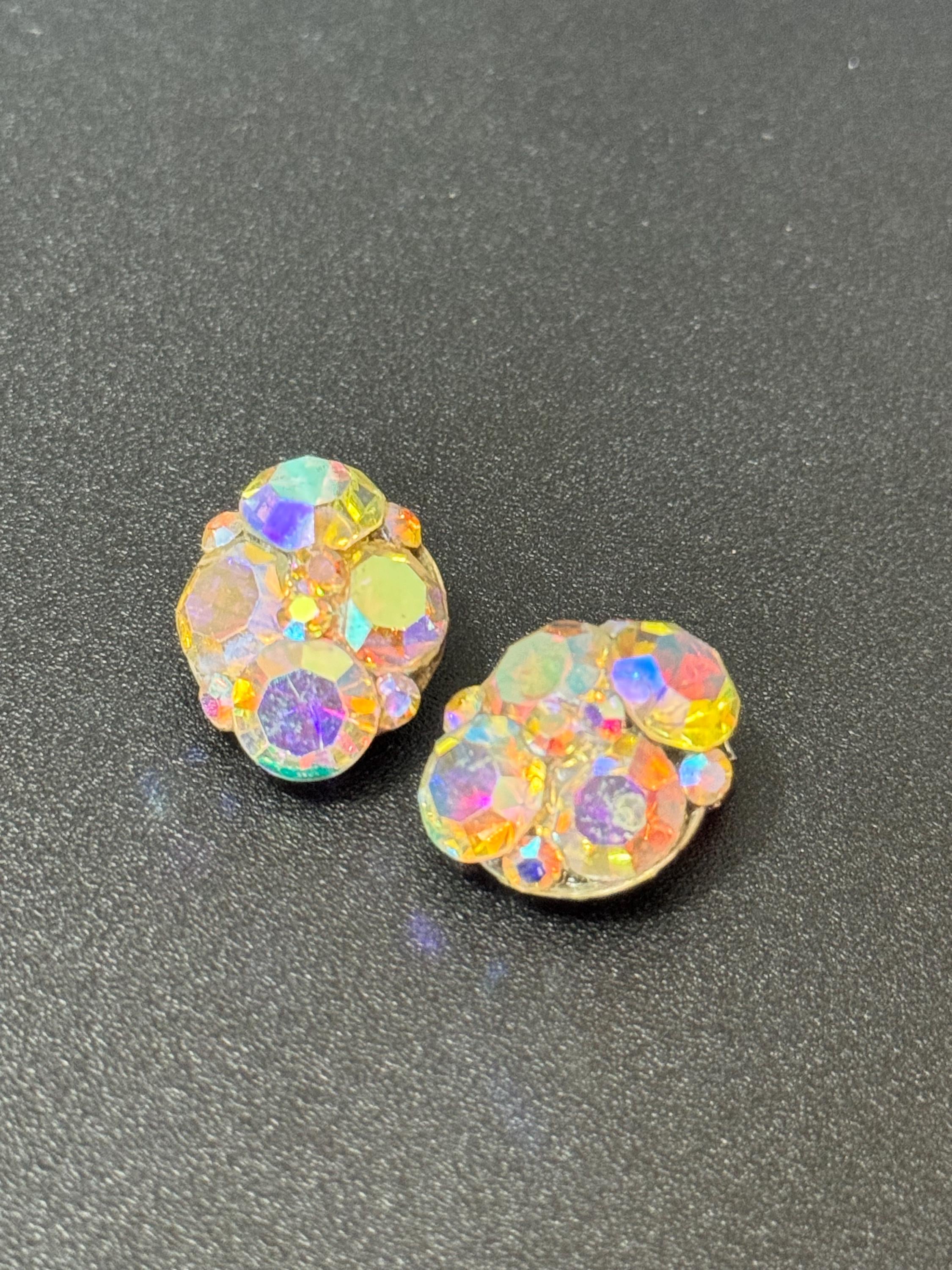 Small Vintage clear rainbow AB lustre glass rhinestone Cluster Clip On stud Earrings