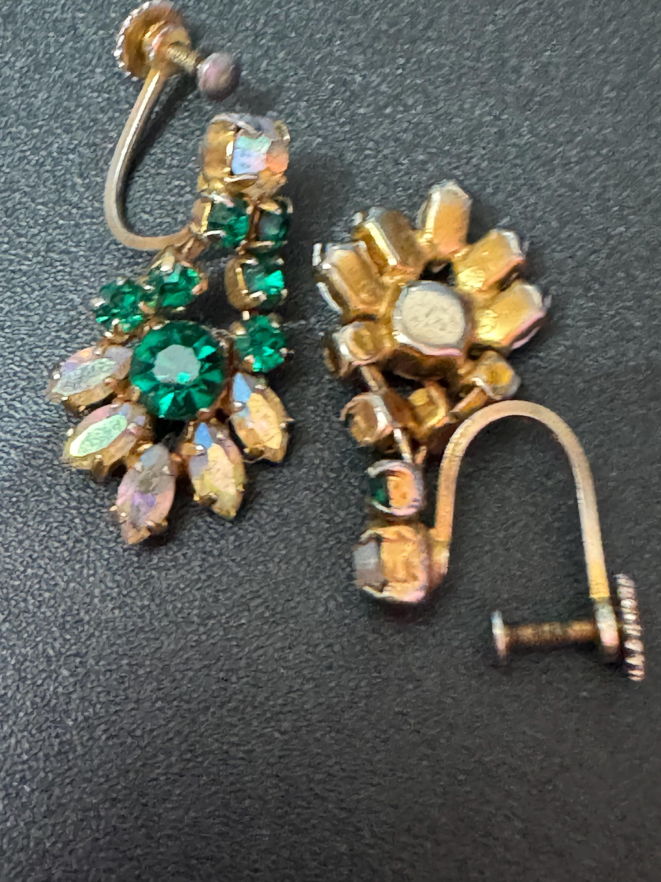 Vintage Art Deco Emerald Green Rhinestone Clip On Earrings